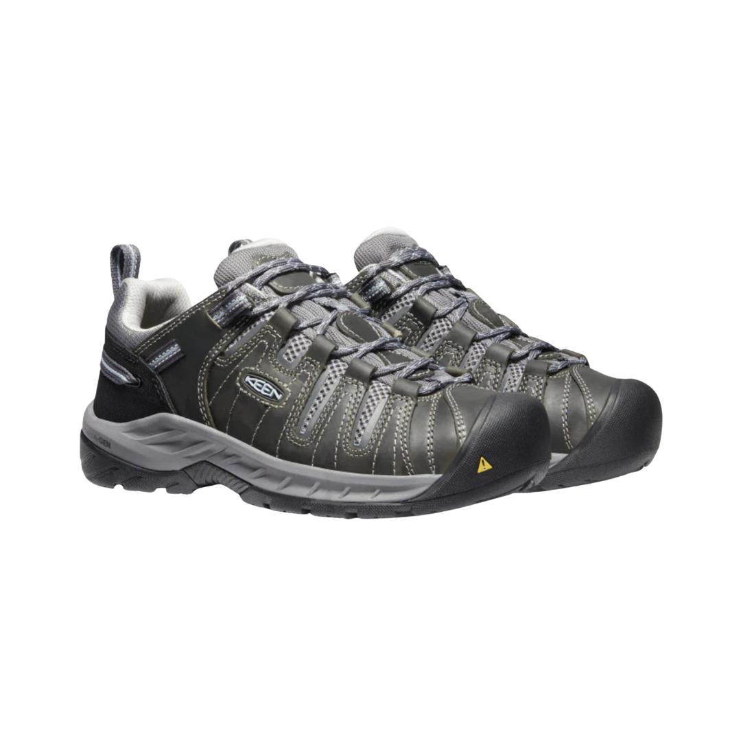 Side View of Women’s Keen Flint II Soft Toe Shoe in steel grey/paloma – featuring a breathable mesh and leather upper, secure lace-up closure, padded collar and tongue for comfort, and a cushioned midsole for all-day support.