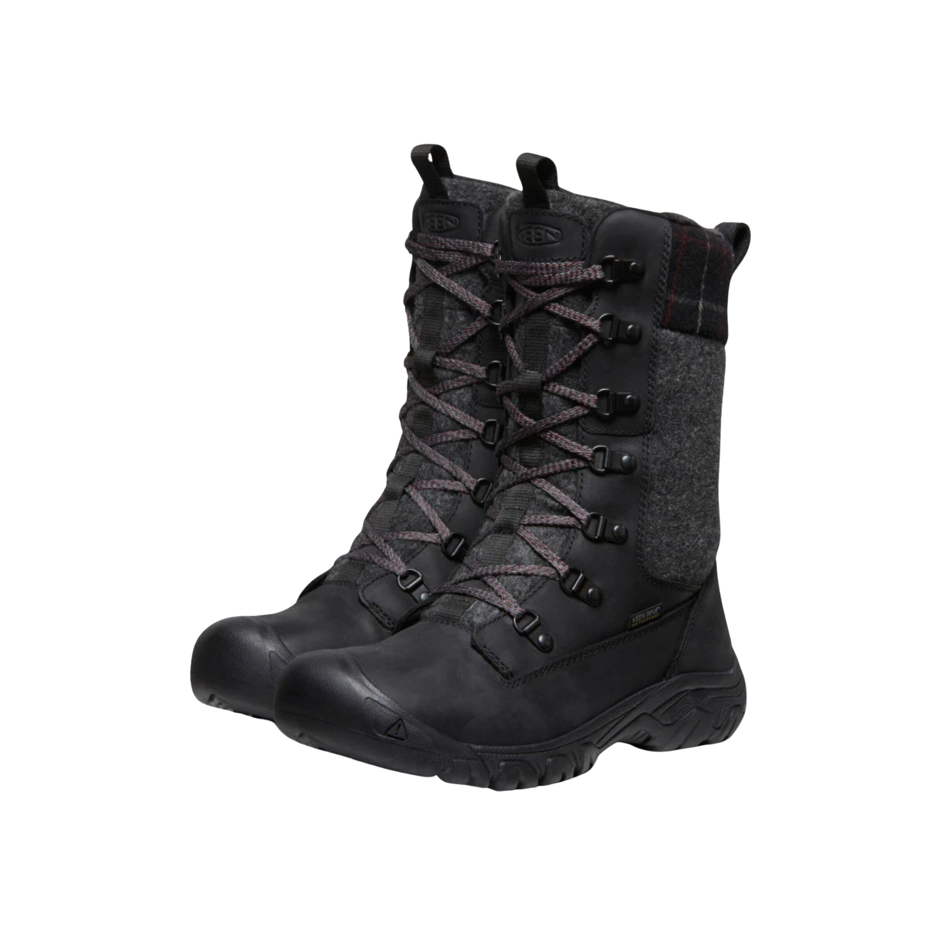 Side View of Women’s Keen Greta Tall waterproof boot in black black plaid – featuring thermal insulation, waterproof leather, and grippy rubber outsole for winter adventures.