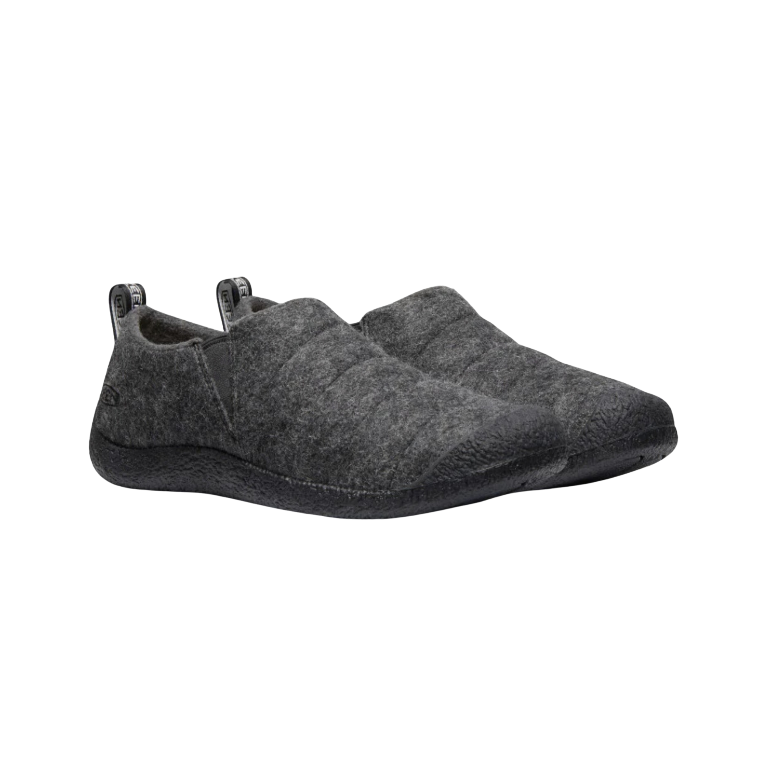 Side view of Women’s Howser II slip-on in grey felt and black – featuring a quilted insulated upper for cozy warmth, slip-on design with elastic gore for easy on/off, and padded collar for all-day comfort.