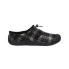 Side View of Women’s Keen Howser III Slide in black plaid and steel grey – featuring fleece lining, cushioned footbed, and non-marking rubber outsole for cozy, casual comfort.