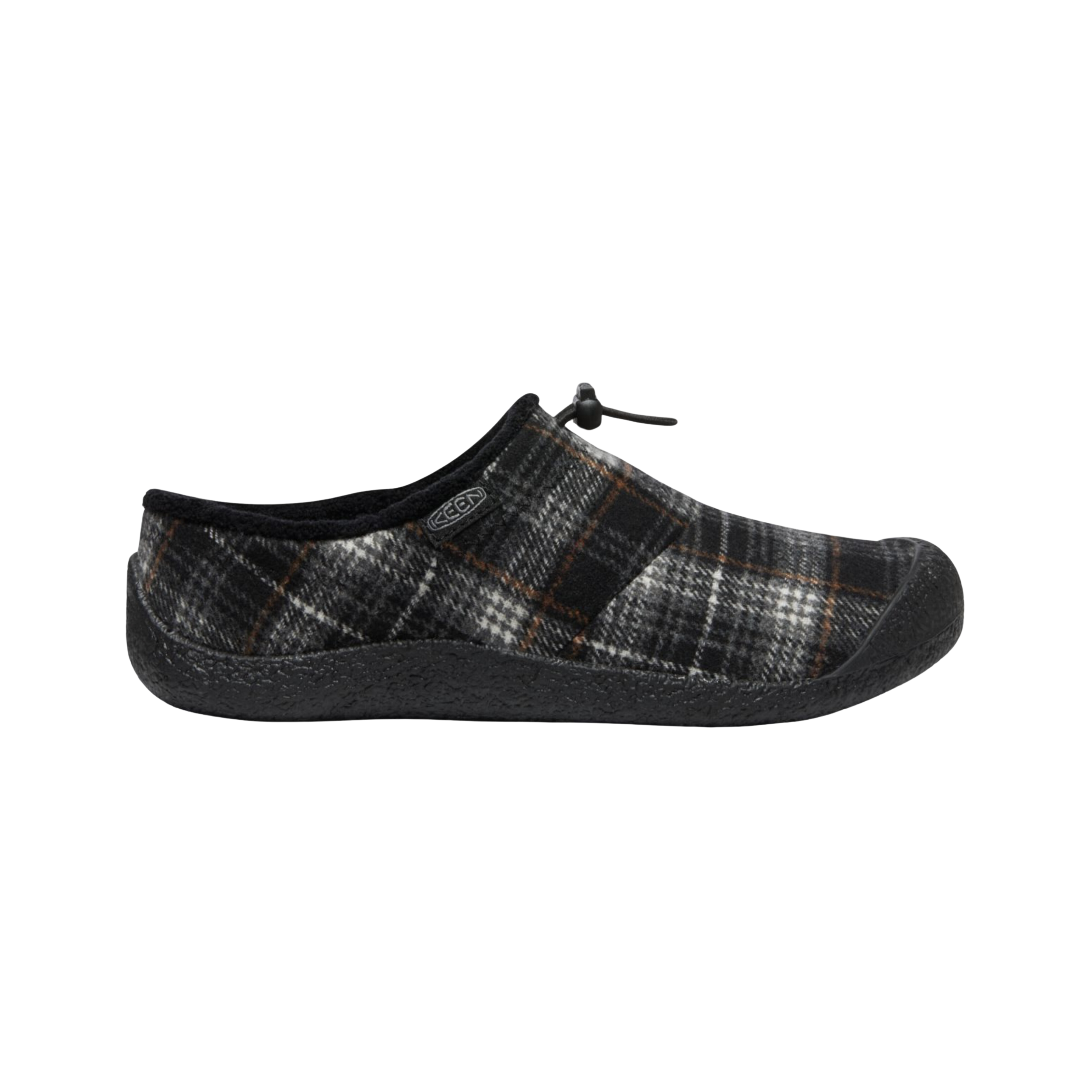 Side View of Women’s Keen Howser III Slide in black plaid and steel grey – featuring fleece lining, cushioned footbed, and non-marking rubber outsole for cozy, casual comfort.