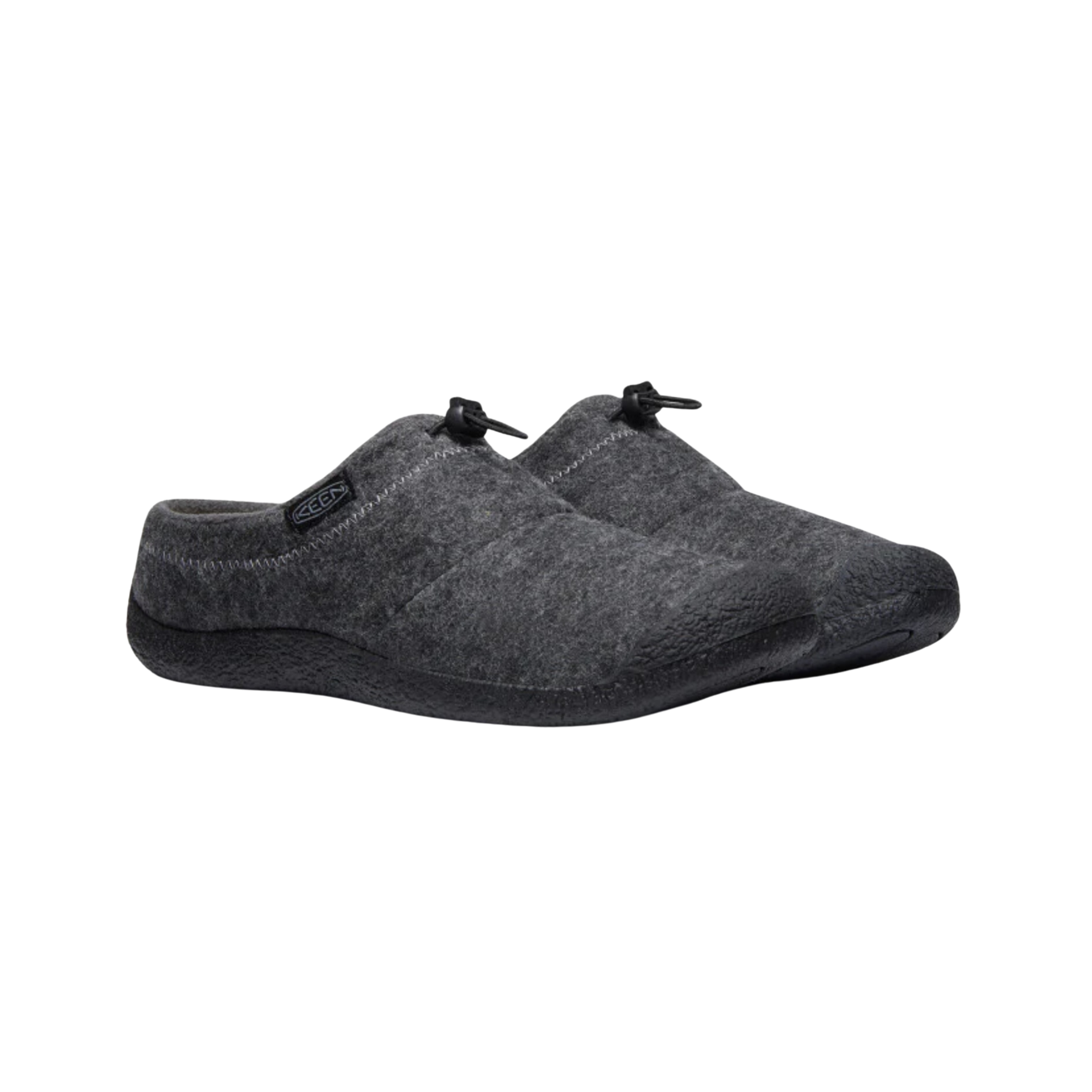 Side view of Men’s Howser III Slide in Charcoal Grey Felt/Black – showcasing the soft felt upper, black midsole trim, and low-slung silhouette ideal for lounging, travel, or casual errand wear.