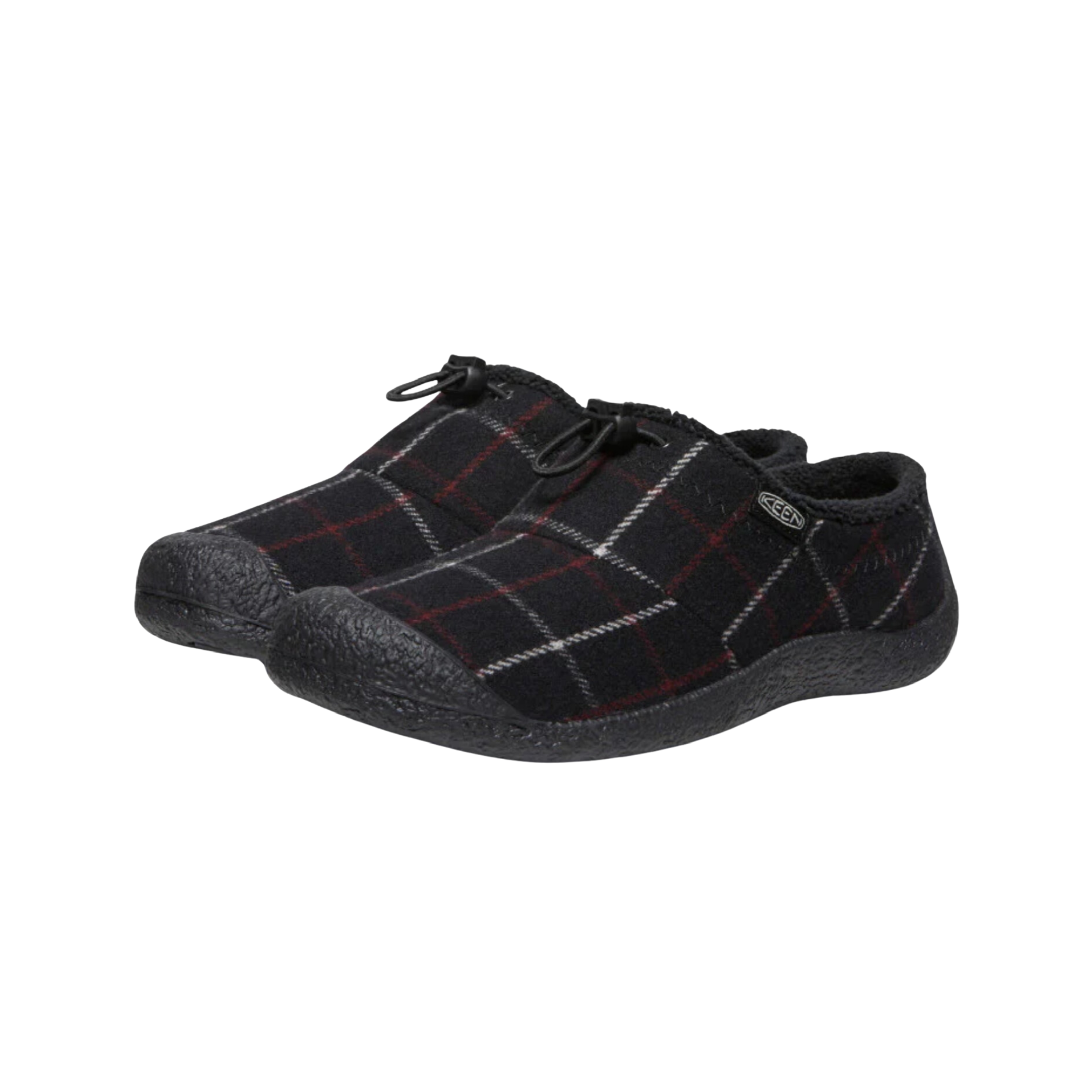 Side view of Women’s Howser III Slide in black plaid – featuring a quilted textile upper for lightweight insulation, soft fleece lining for warmth, and slip-on design with a collapsible heel for versatile wear.