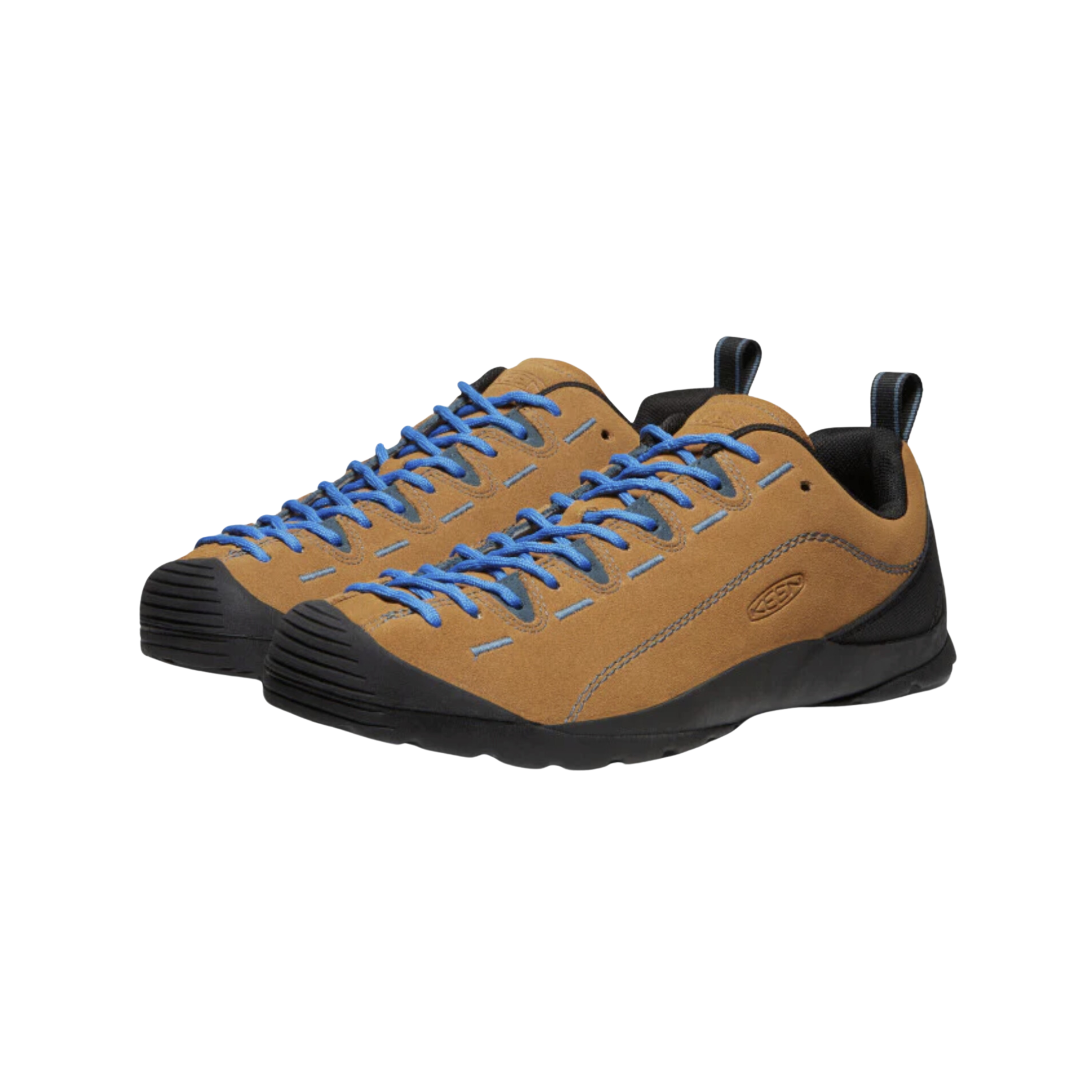 Side View of Men’s Keen Jasper suede sneaker in spice and orion blue – featuring climbing-inspired lacing, cushioned insole, and grippy outsole for urban trails.