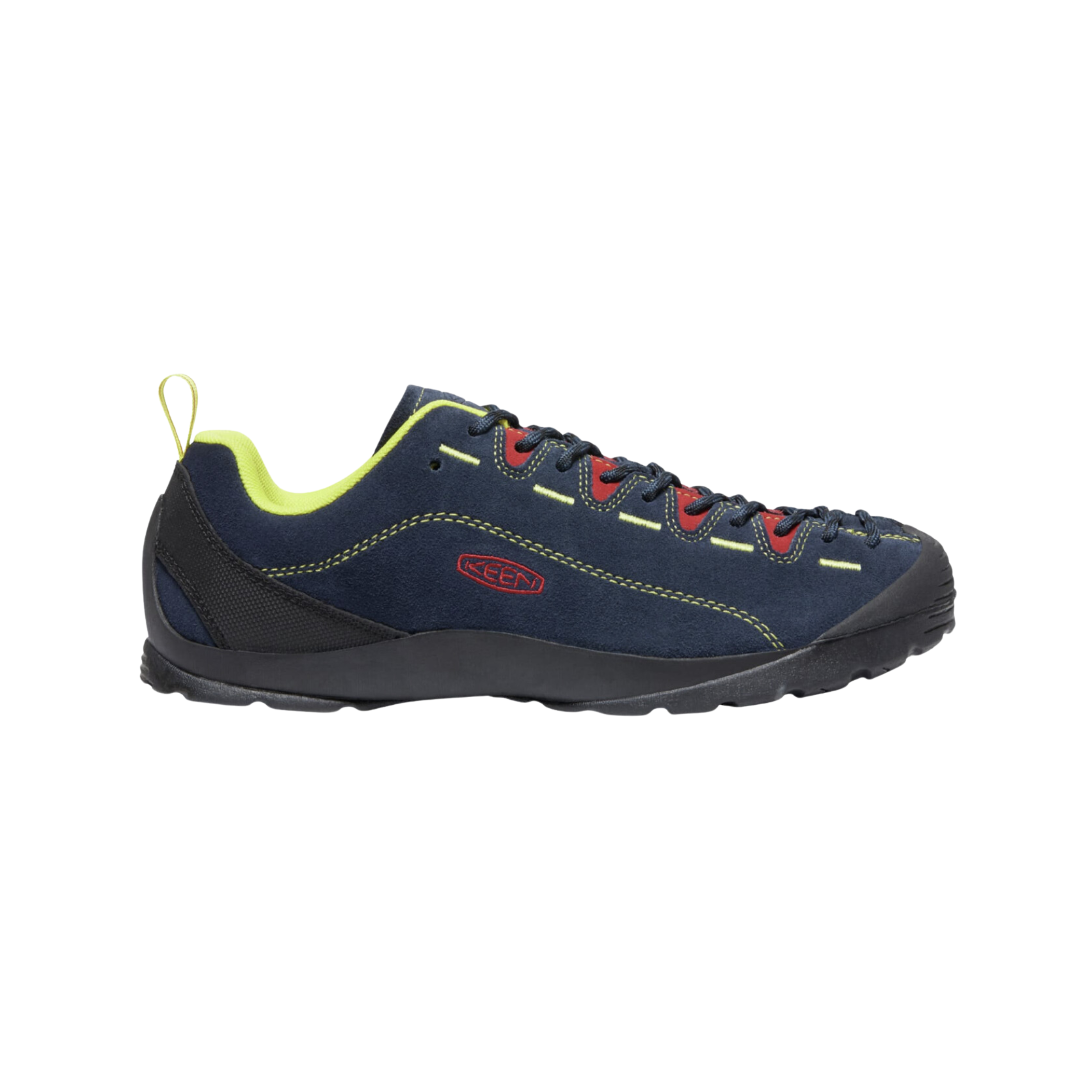 Side View of Men’s Keen Jasper casual sneaker in black iris and red carpet – featuring suede leather upper, climbing-style laces, and natural foot shape for comfort.
