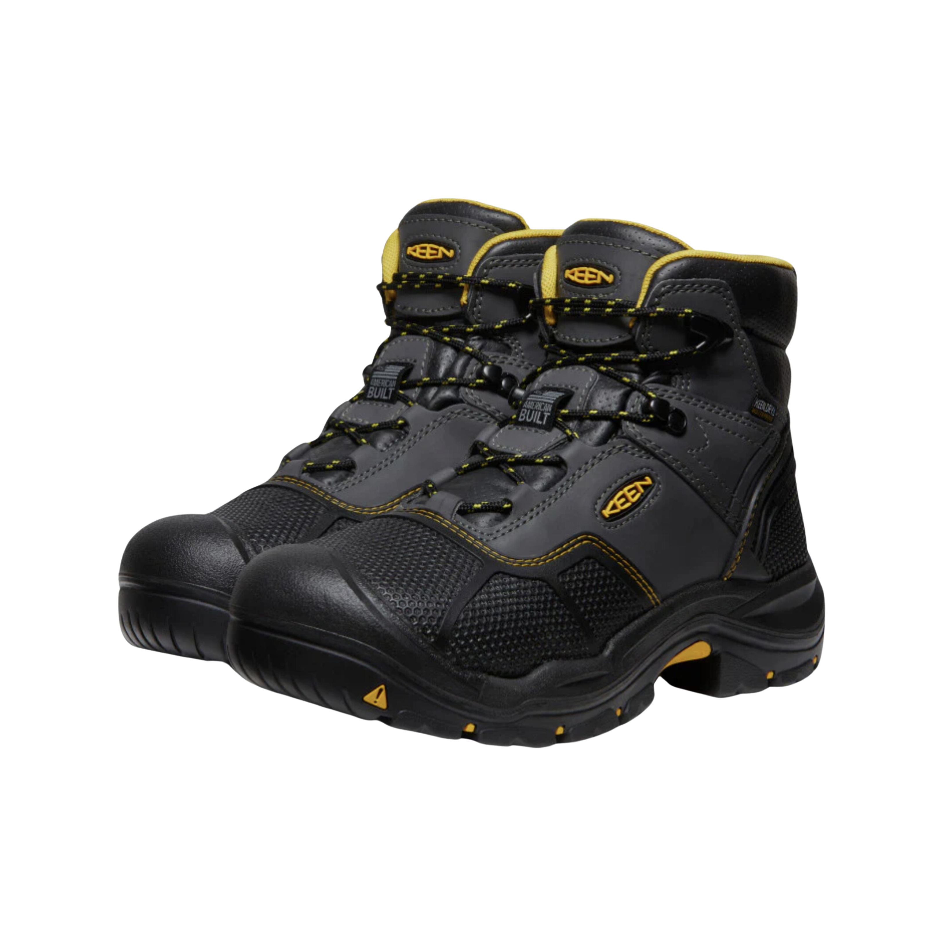 Side view of Men’s Logandale Mid Waterproof (Steel Toe) boot in raven and black – featuring a steel safety toe for impact protection, waterproof leather upper with sealed seams, and mid-height collar for ankle support.