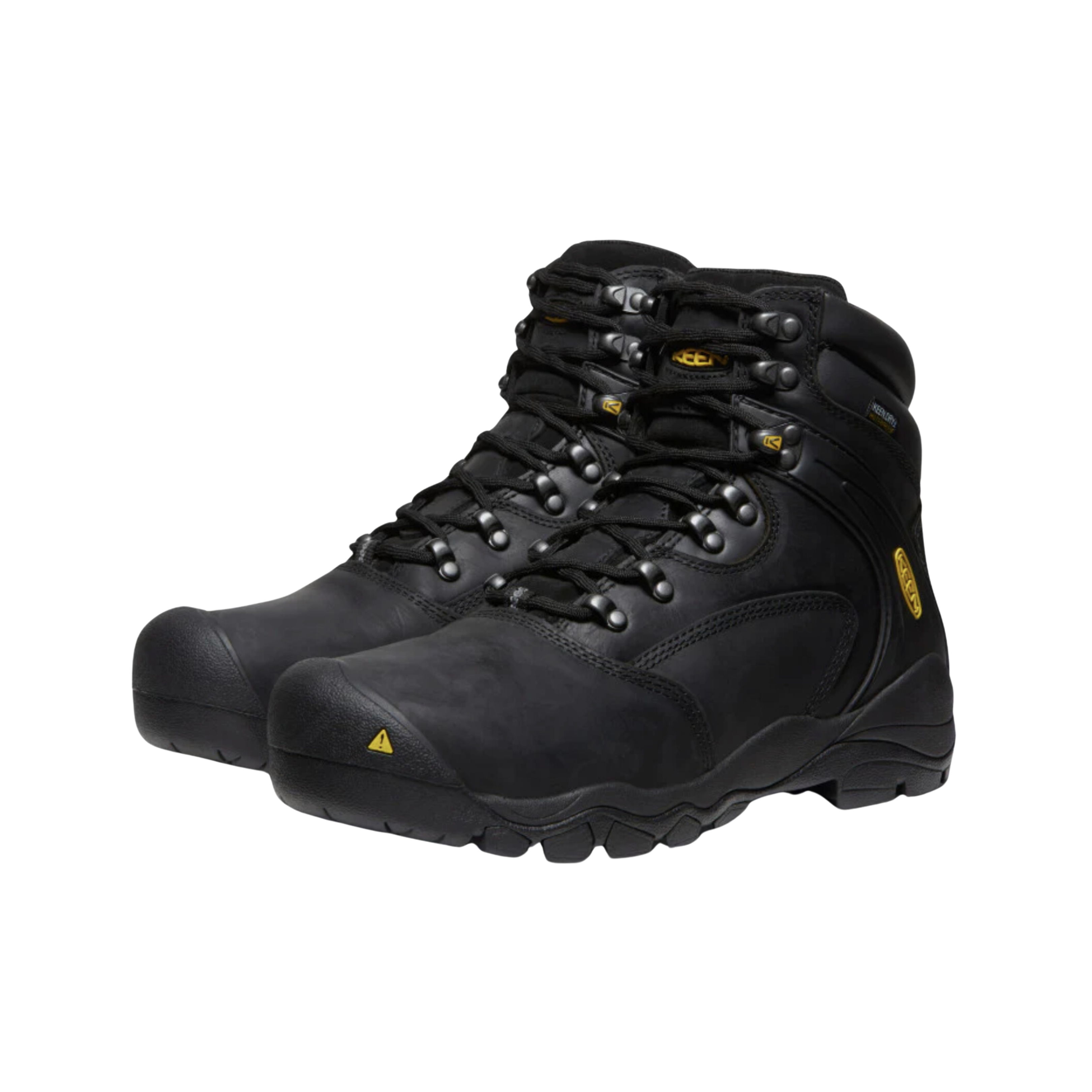 Side View of Men’s Keen Louisville 6" waterproof steel toe boot in black – featuring KEEN.DRY membrane, asymmetrical steel toes, and TPU stability shank for jobsite protection.