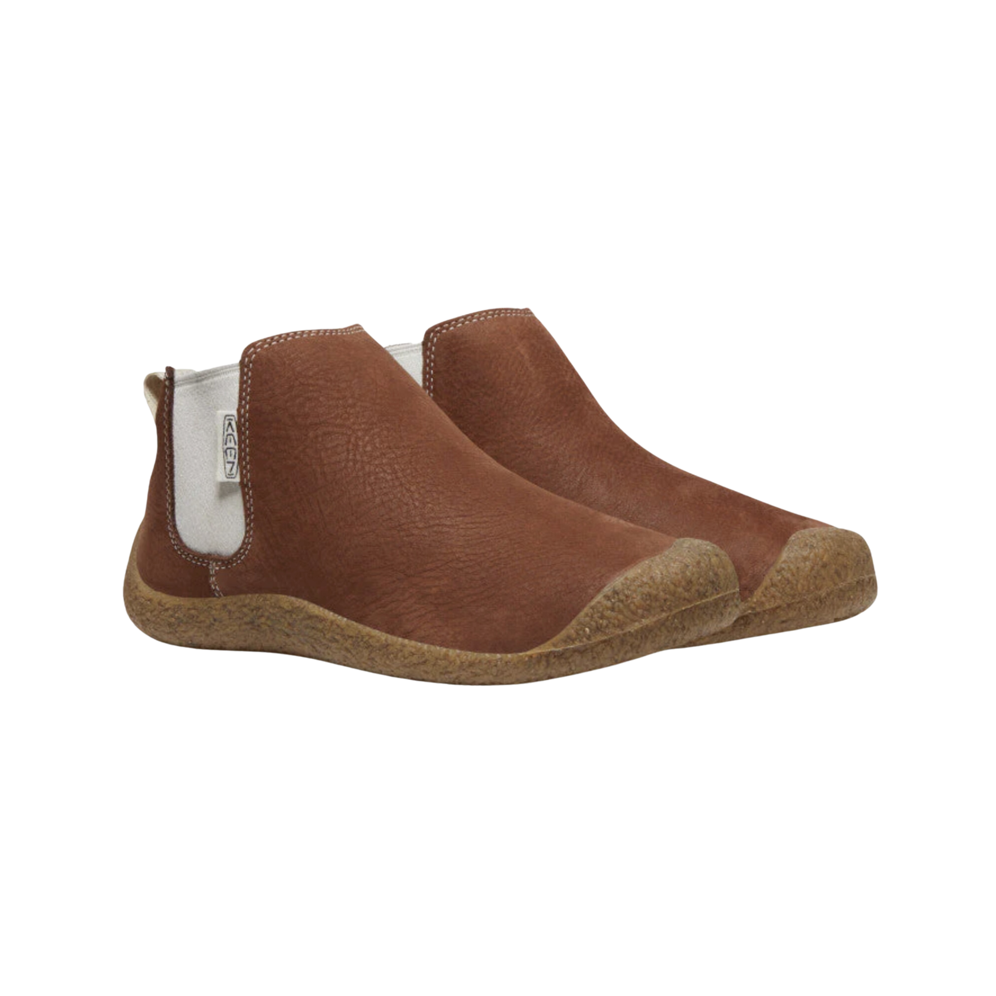 Side View of Women’s Keen Mosey Chelsea in shell birch – featuring premium leather upper, elastic gore panels for easy on/off, and eco anti-odor footbed.