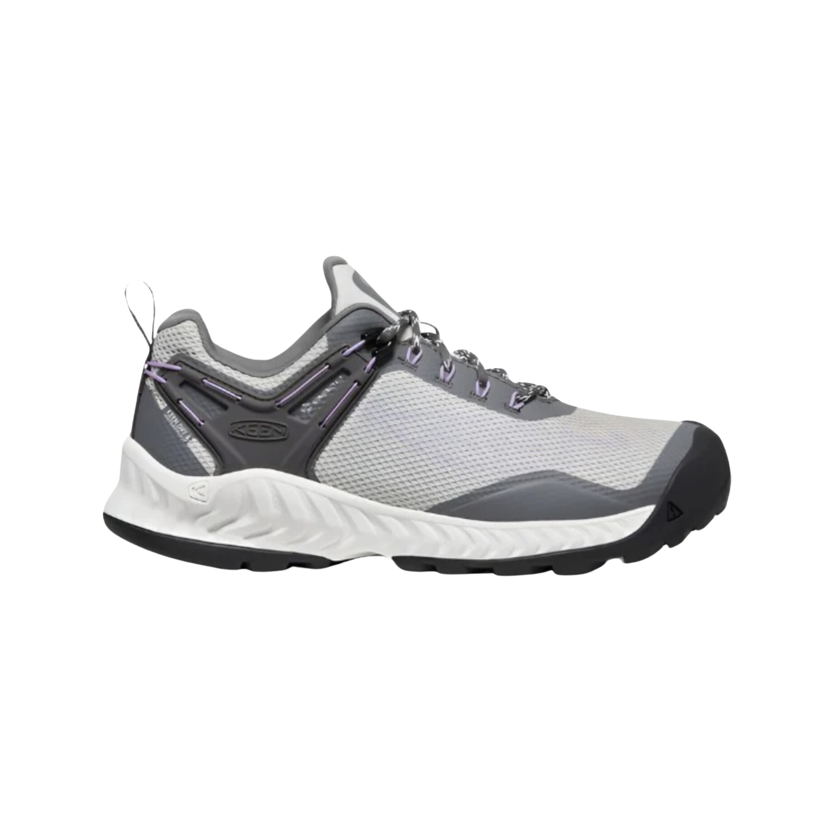 Side view of Women’s NXIS Evo Waterproof shoe in steel grey and English lavender – featuring a KEEN.DRY waterproof breathable membrane to keep feet dry, athletic fit that contours to the foot for agility, and engineered mesh upper with fused overlays for lightweight durability.