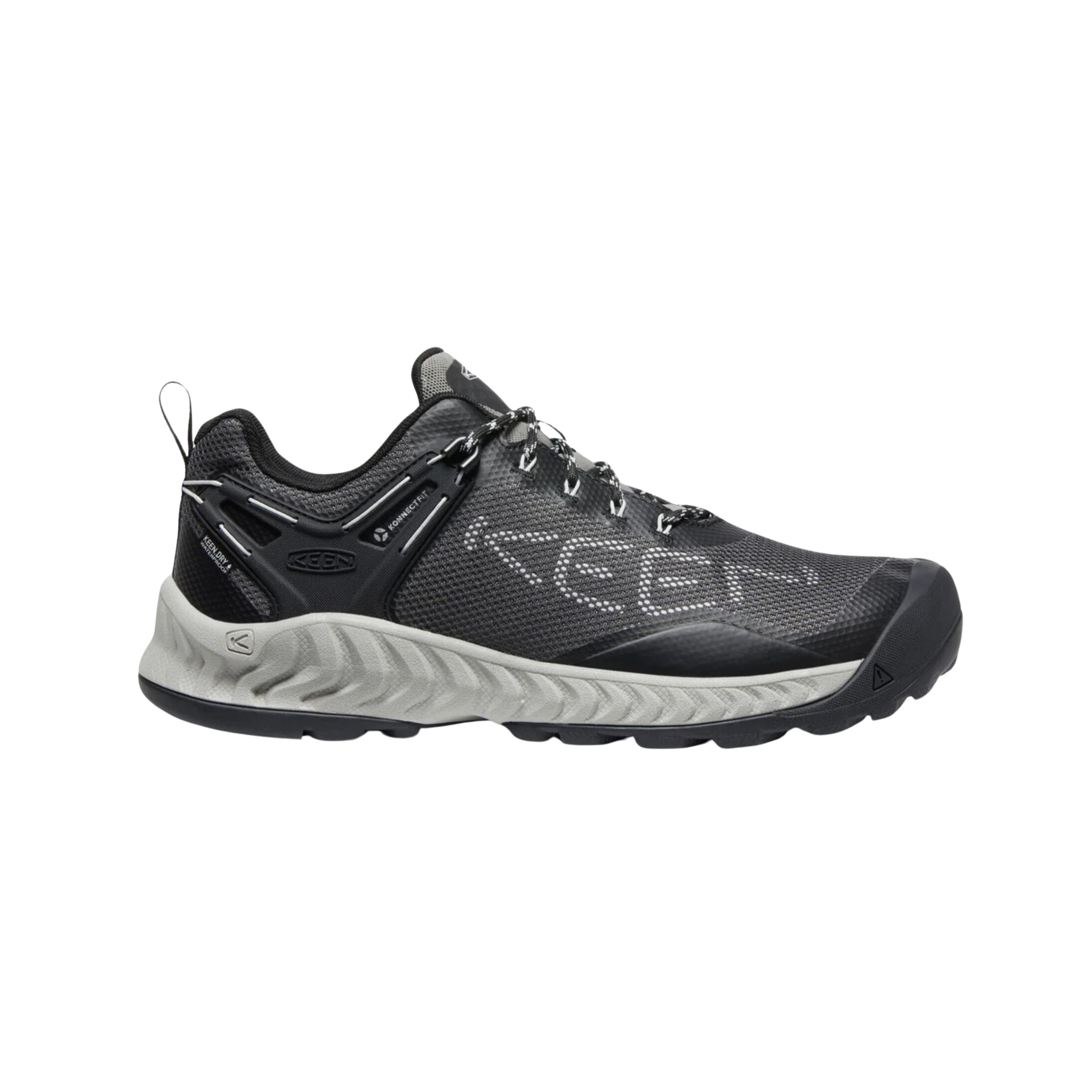Side view of Men’s NXIS Evo Waterproof shoe in magnet and vapor – featuring a KEEN.DRY waterproof membrane for breathable weather protection, athletic fit for agile movement, and engineered mesh upper with no-sew overlays for lightweight durability.