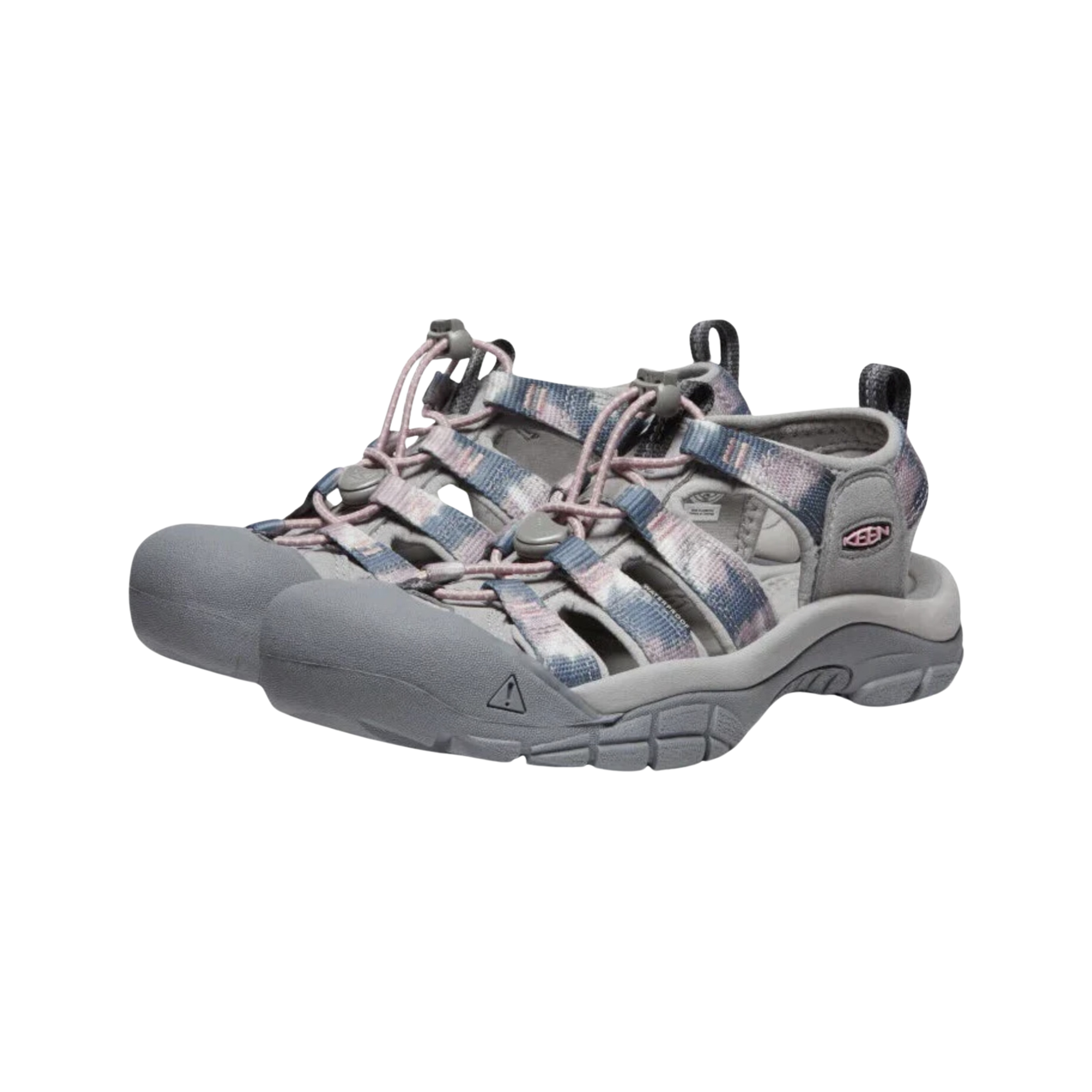 Side view of Women’s Newport H2 sandal in fawn and tie dye – featuring quick-dry webbing upper with adjustable bungee lacing for secure fit, protective rubber toe bumper, and cushioned EVA midsole for all-day comfort.