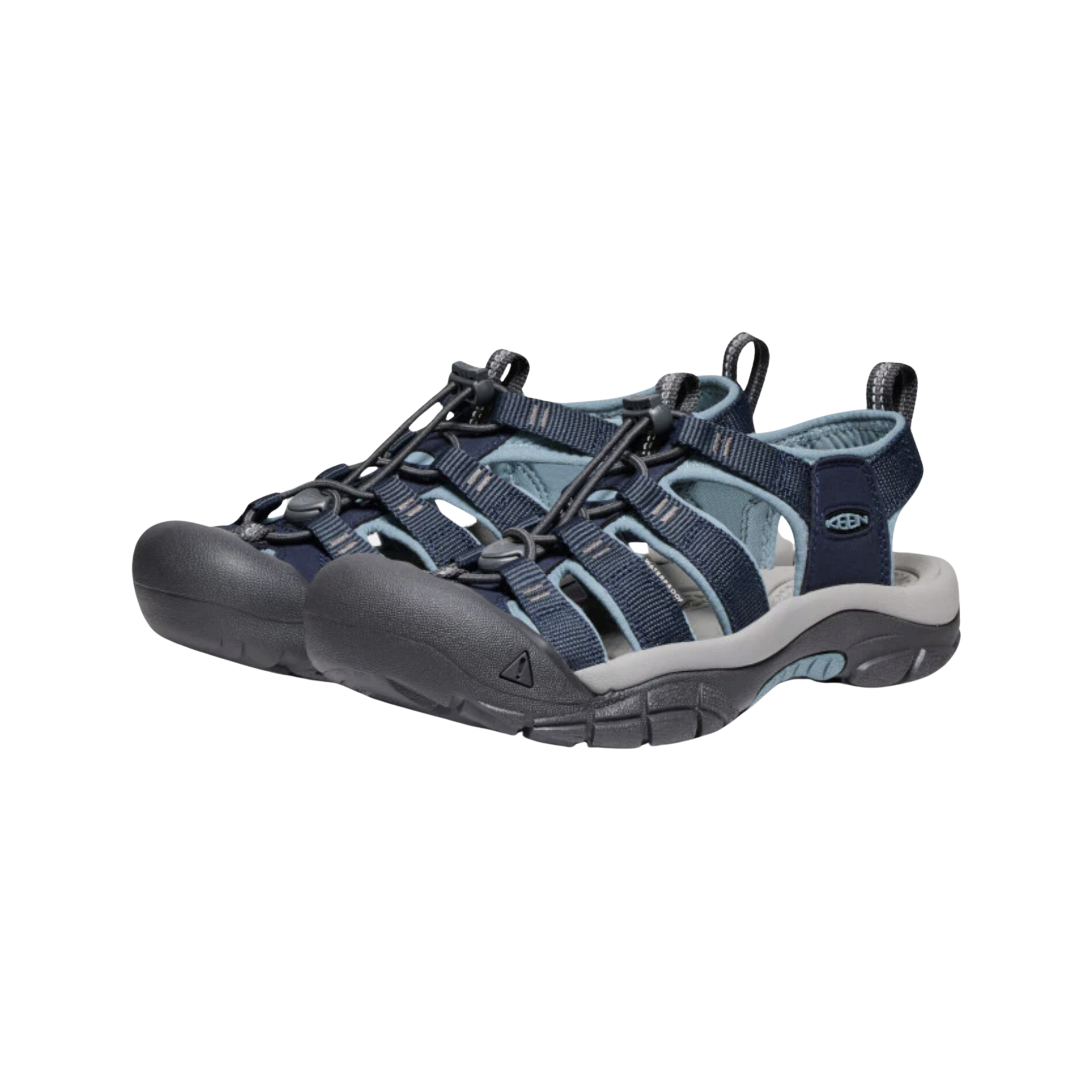 Side view of Women’s Newport H2 sandal in navy and magnet – featuring quick-dry webbing upper with adjustable bungee lacing for secure fit, protective rubber toe bumper, and cushioned EVA midsole for all-day comfort.