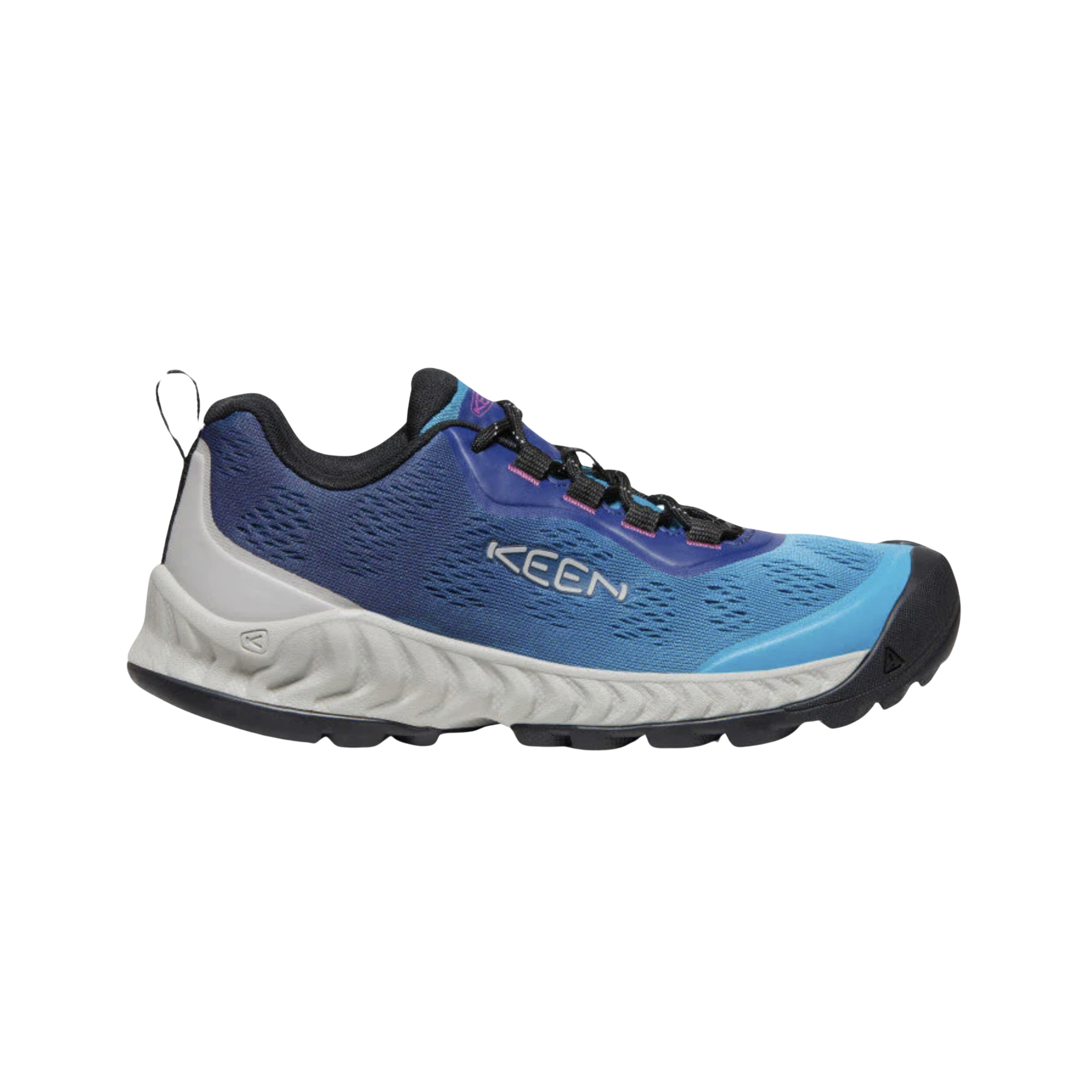 Side view of Women’s Nxis Speed Hiking Shoe in fjord blue and ombre – featuring a breathable engineered mesh upper with fused overlays for durability, streamlined silhouette for fast hiking, and KEEN.DRY waterproof membrane to keep feet dry.