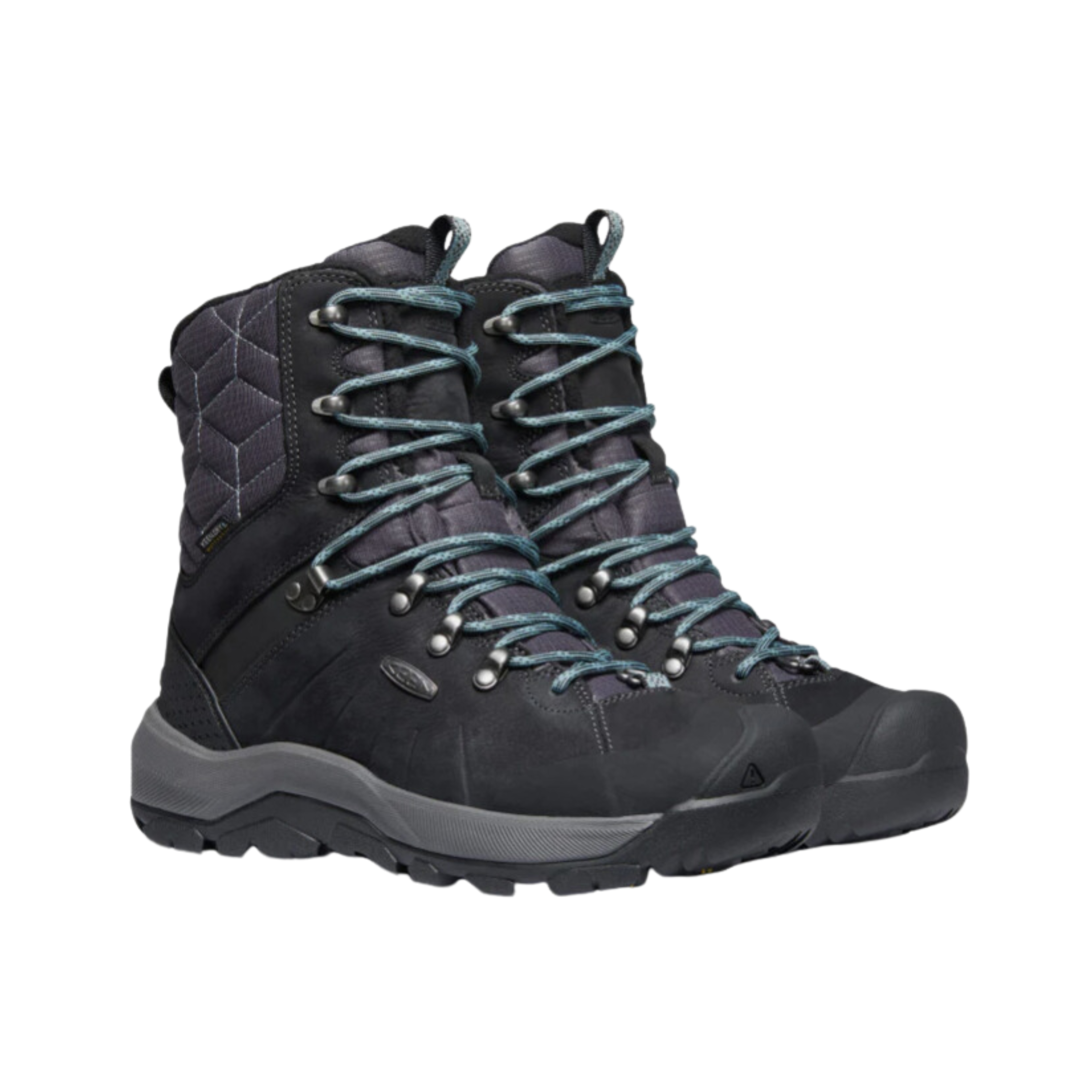 Side view of Women’s Revel IV High Polar Boot in black and north atlantic – featuring KEEN.WARM insulation rated to -25°F for severe cold protection, waterproof leather and textile upper, cushioned midsole with shock absorption to reduce joint strain, and reinforced toe and heel overlays for durability.
