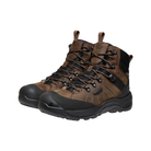 Side view of Men’s Revel IV Polar Waterproof Boot in dark earth and caramel – featuring KEEN.WARM insulation rated to -25°F for cold-weather protection, waterproof leather and textile upper for wet and snowy conditions, and mid-height design for ankle support and warmth.