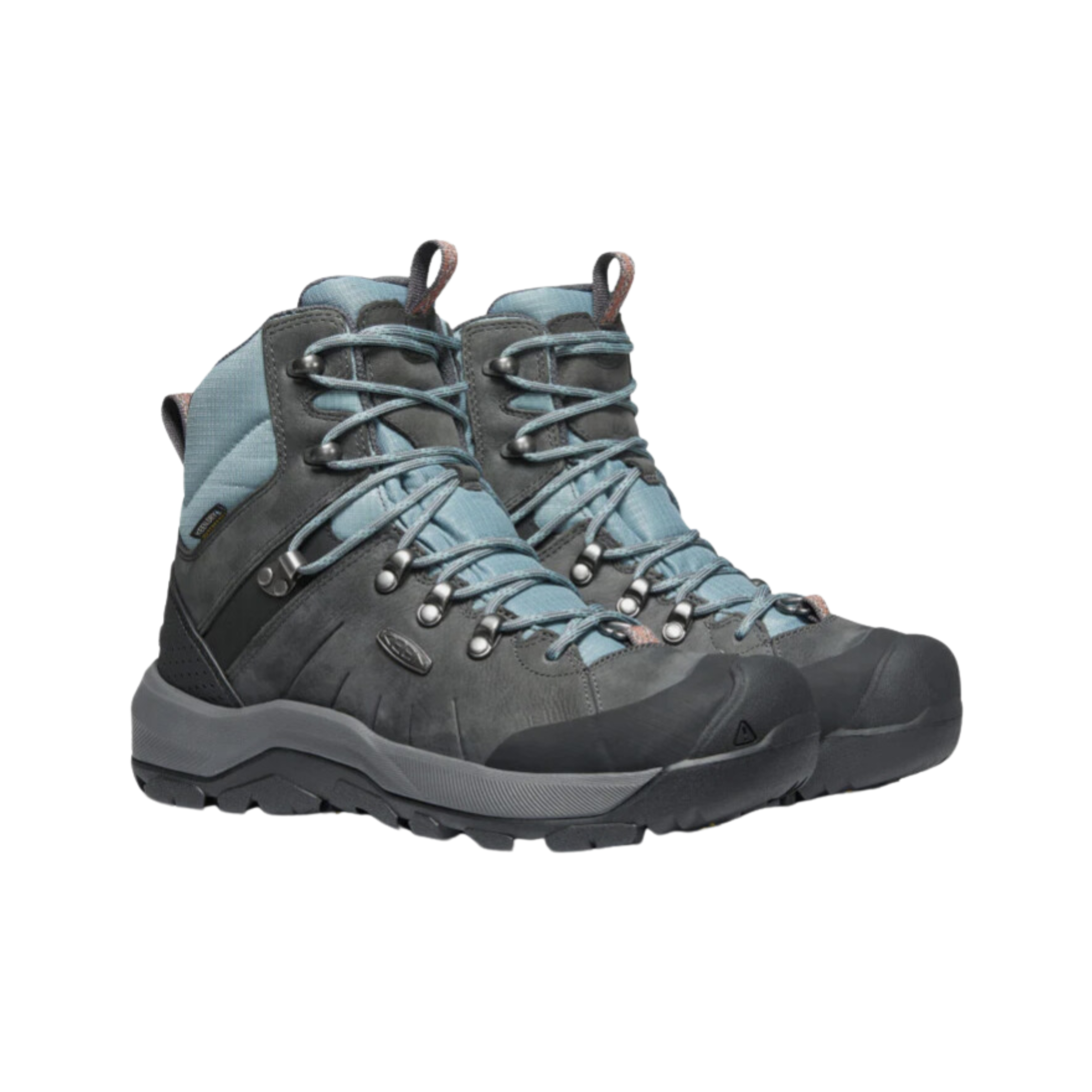 Side view of Women’s Revel IV Polar Boot in magnet and north atlantic – featuring KEEN.WARM insulation rated to -25°F for extreme cold protection, waterproof leather and textile upper, cushioned midsole with shock absorption to reduce joint stress, and reinforced toe and heel overlays for durability.