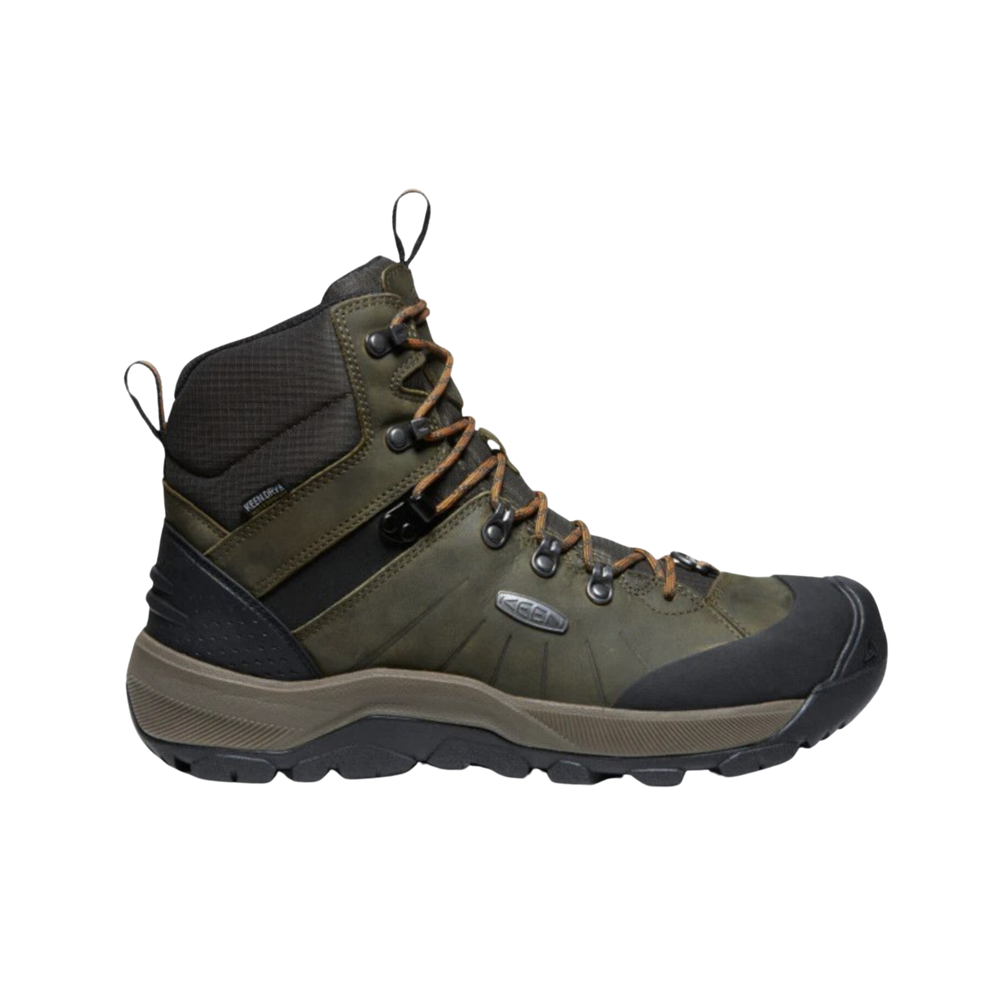 Side View of Men’s Keen Revel IV Polar boot in dark olive and marmalade – featuring waterproof insulation, KEEN.WARM lining, and all-terrain outsole for extreme cold.