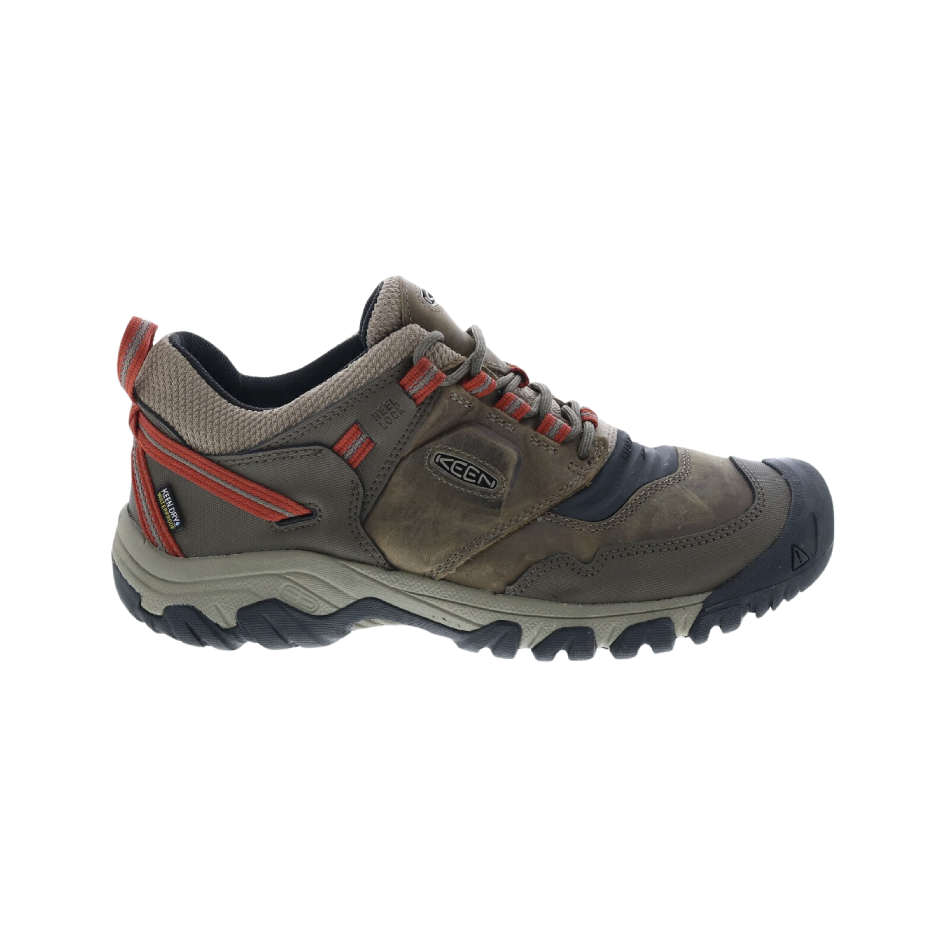 Side view of Men’s RidgeFlex Waterproof Hiking Shoe in timberwolf and ketchup – featuring a waterproof membrane to keep feet dry, durable synthetic and mesh upper for support and breathability, and cushioned midsole for comfort on rugged trails.