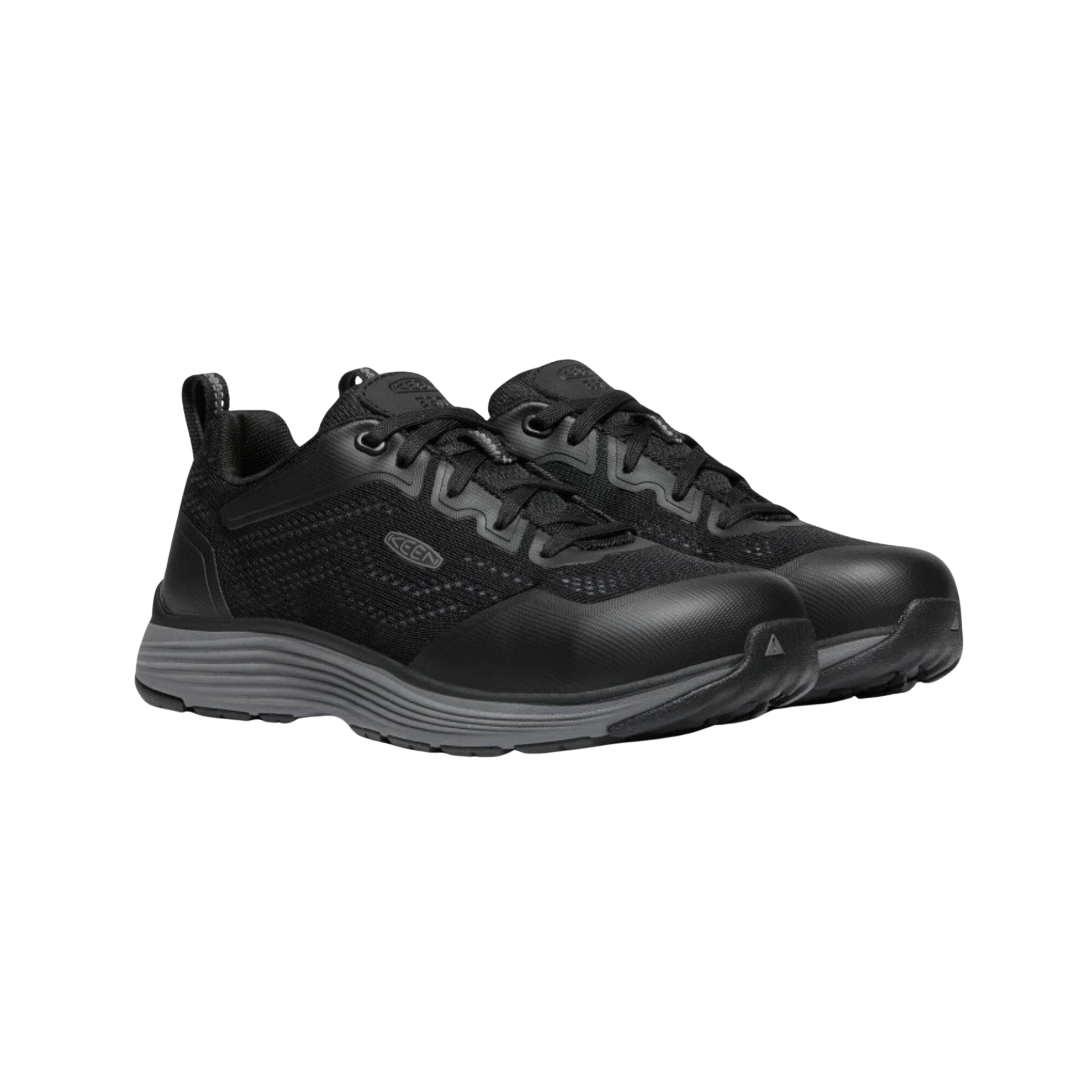Side view of Women’s Sparta II ESD (Aluminum Toe) work shoe in steel grey and black – featuring an aluminum safety toe for lightweight protection, ESD (electrostatic dissipative) construction to reduce static buildup, and breathable mesh upper with no-sew overlays for lightweight durability.