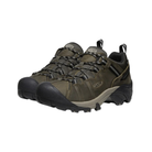 Side view of Men’s Targhee II Waterproof hiking boot in dark olive and taupe – featuring a waterproof nubuck leather upper with breathable mesh panels, cushioned midsole for all-day comfort, and reinforced toe and heel overlays for durability.