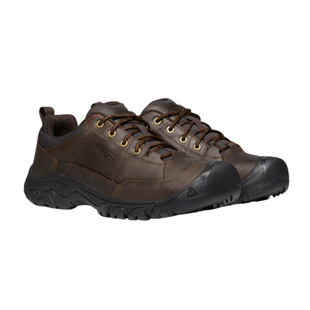 Side view of Men’s Targhee III Oxford in earth and mulch – featuring a waterproof nubuck leather upper, breathable mesh panels for ventilation, and cushioned EVA midsole for all-day comfort on trails.