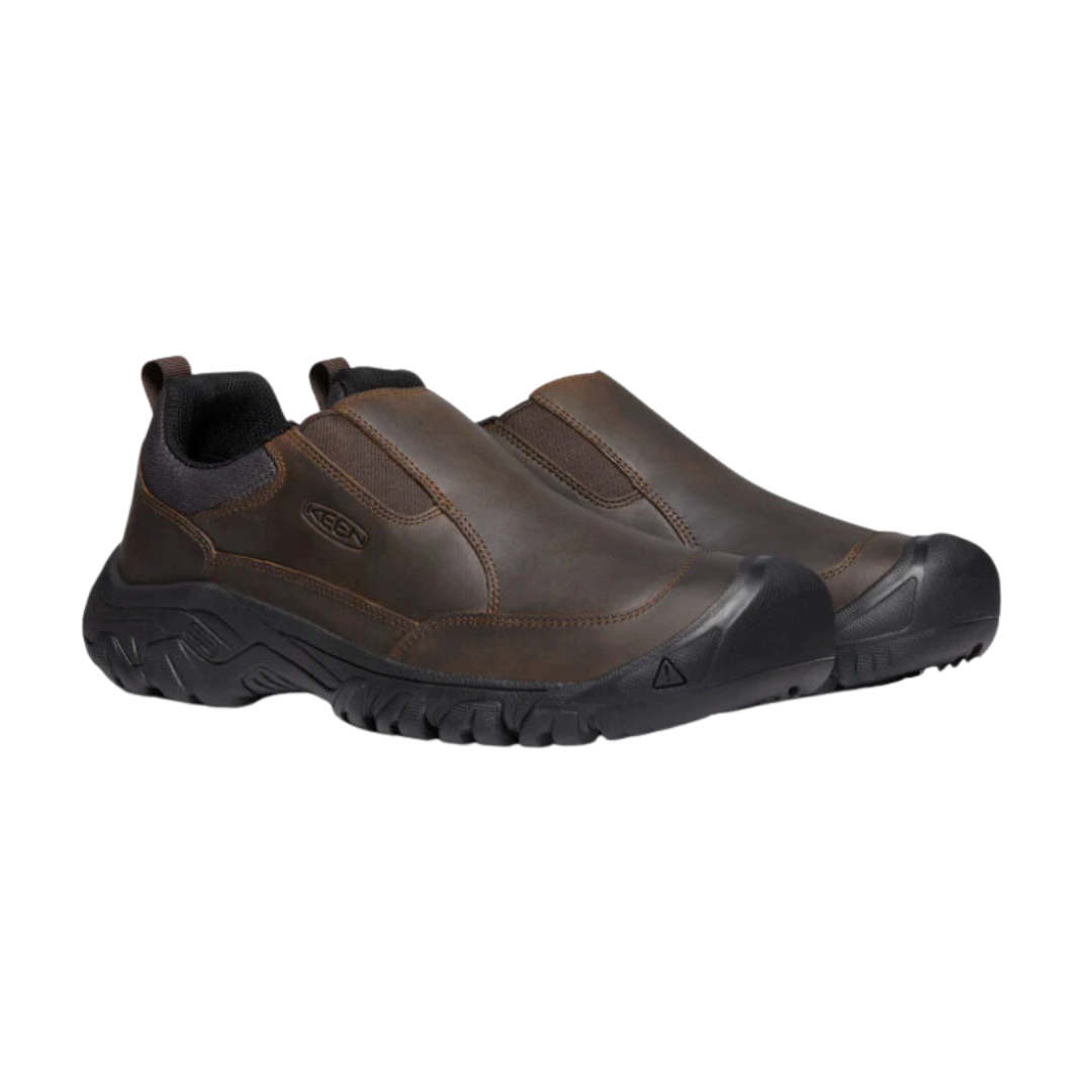 Side view of Men’s Targhee III Slip-On in dark earth – featuring a waterproof nubuck leather upper with elastic side panels for easy slip-on fit, cushioned EVA midsole for all-day support, and durable construction for trail use.