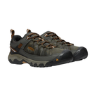 Side view of Men’s Targhee III Waterproof hiking boot in black olive and golden brown – featuring a waterproof nubuck leather upper, breathable mesh panels for ventilation, and cushioned midsole for all-day hiking comfort.