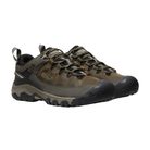Side view of Men’s Targhee III Waterproof hiking boot in bungee and black – featuring a waterproof nubuck leather upper with breathable mesh panels, cushioned midsole for long-lasting comfort, and reinforced toe and heel overlays for durability.