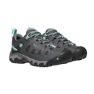 Side view of Women’s Targhee Vent hiking shoe in steel grey and ocean wave – featuring a breathable mesh upper with durable synthetic overlays for lightweight support, cushioned midsole for long-lasting comfort, and protective toe cap for trail durability.