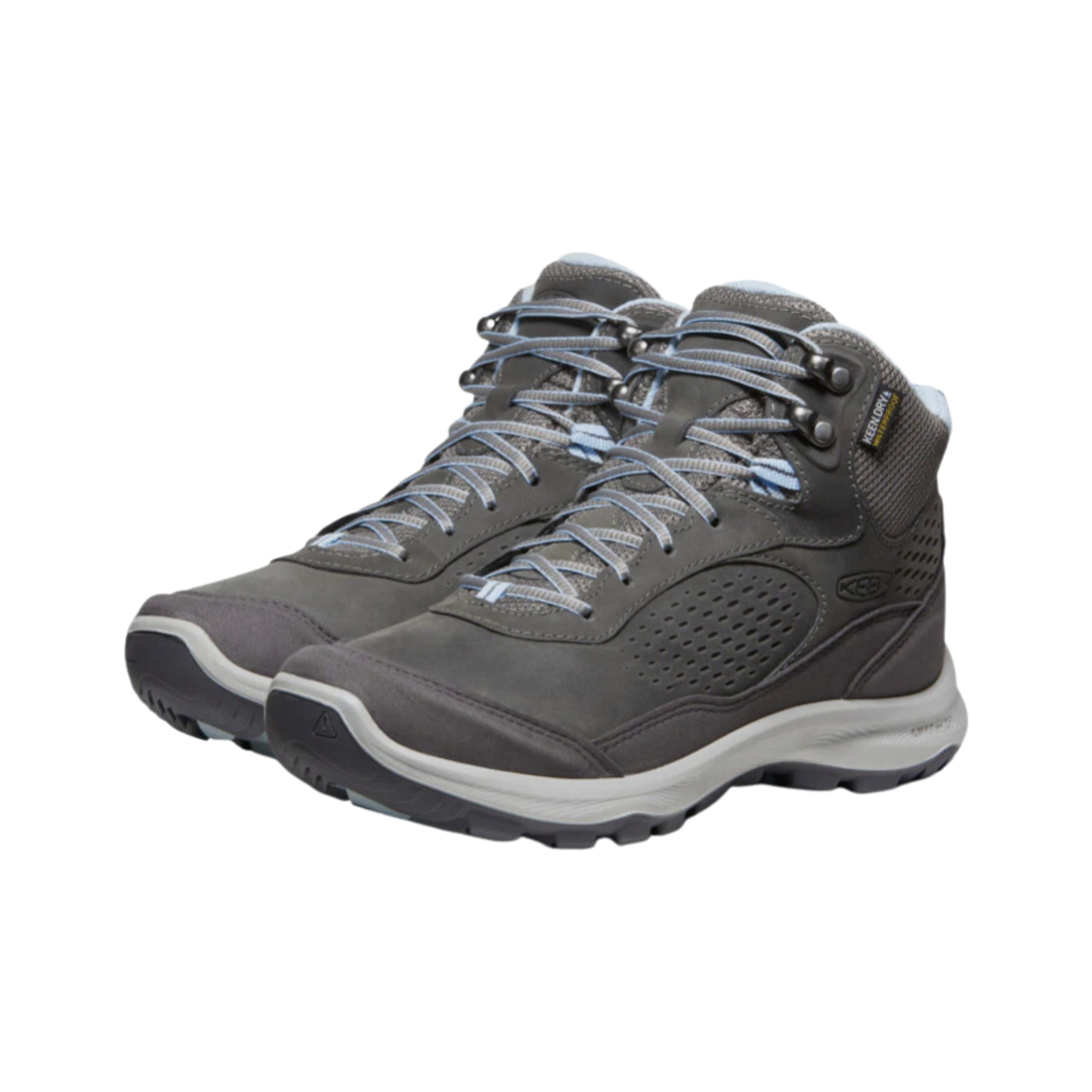 Side view of Women’s Terradora Explorer Waterproof Boot in steel grey and clear sky – featuring a waterproof nubuck leather upper with breathable mesh panels, cushioned midsole with advanced shock absorption to reduce joint stress, and reinforced toe and heel overlays for durability.