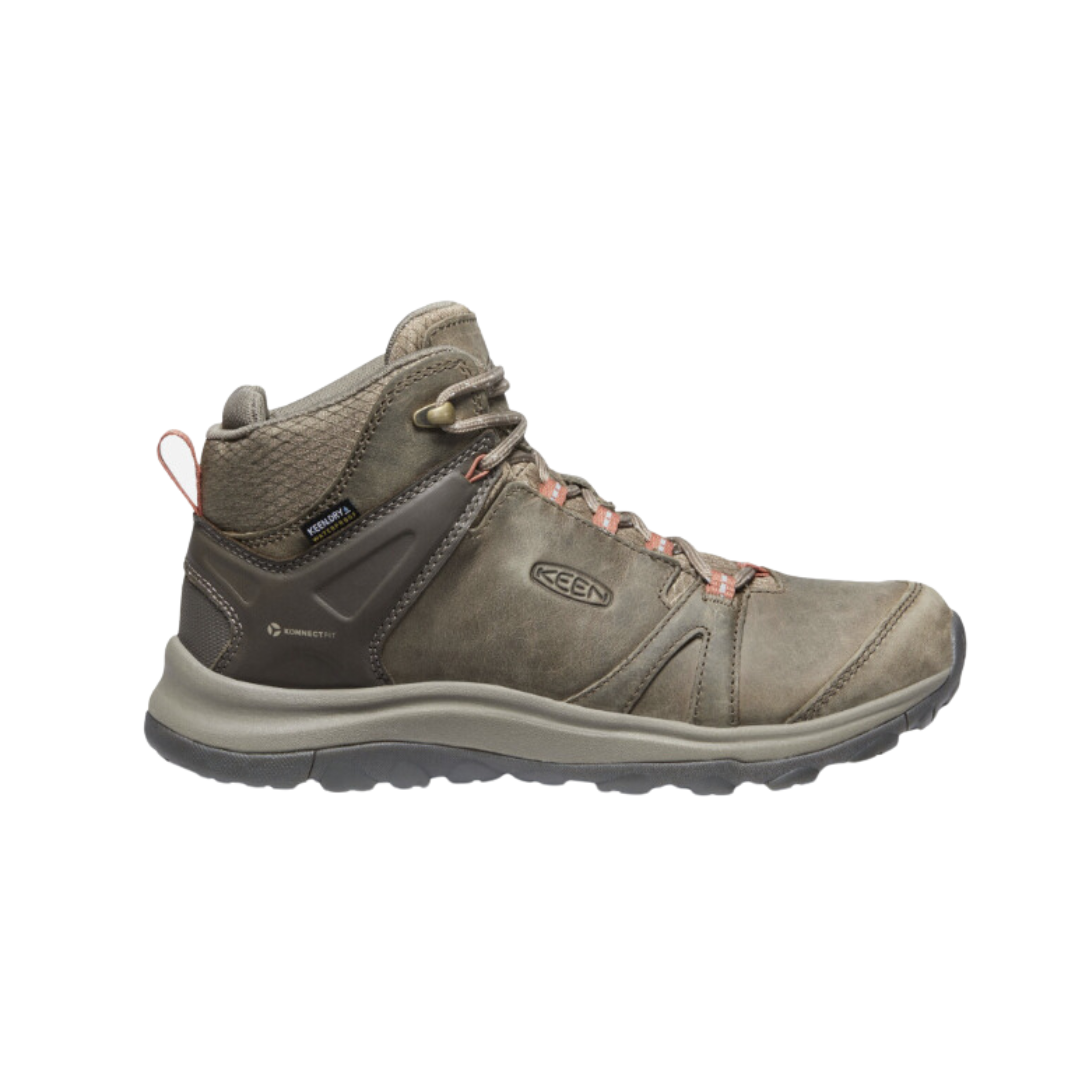 Side view of Women’s Terradora II Mid Waterproof Boot in brindle and redwood – featuring a waterproof nubuck leather upper with breathable mesh panels, cushioned midsole for all-day comfort, and reinforced toe and heel overlays for durability.