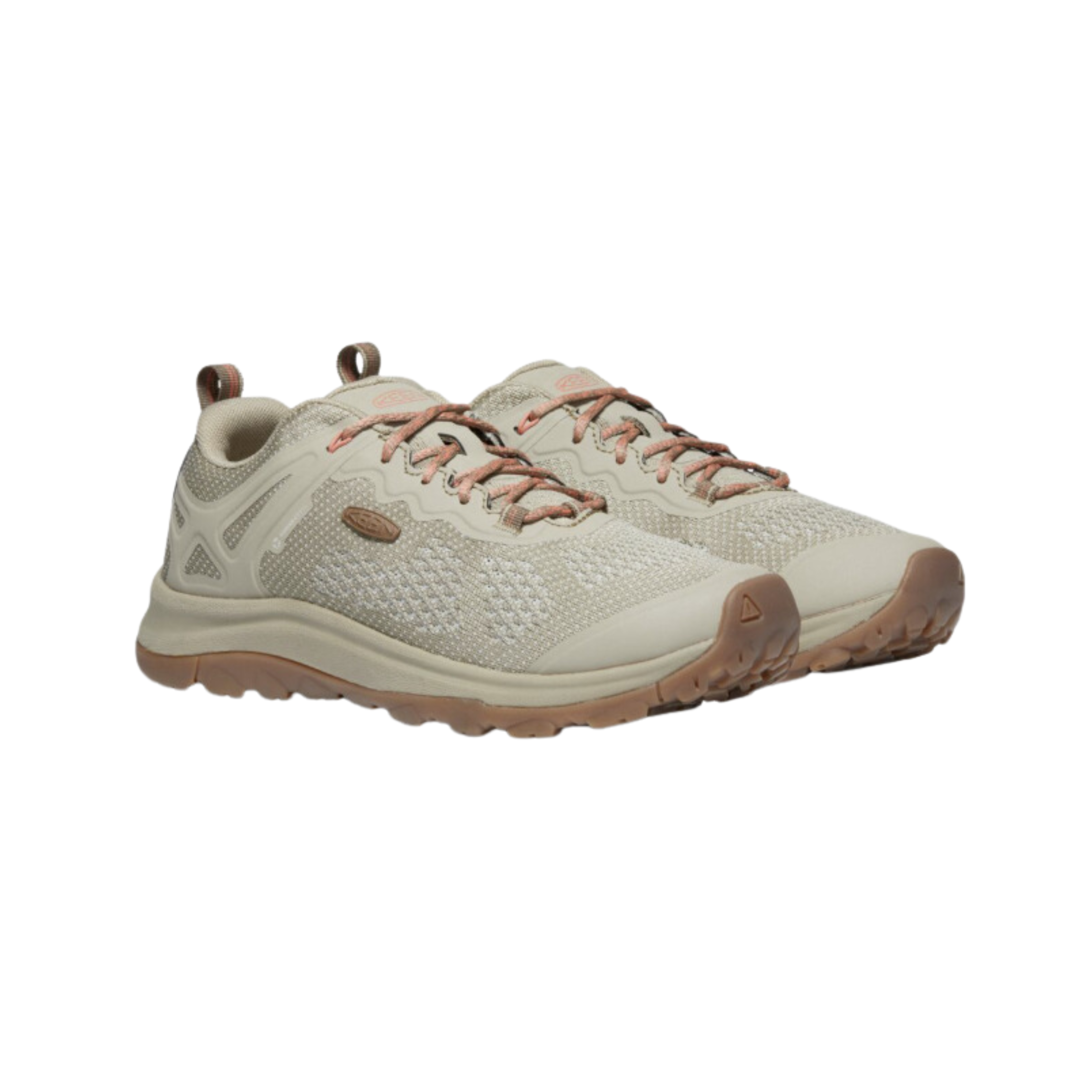 Side view of Women’s Terradora II Vent hiking shoe in plaza taupe and coral – featuring a breathable mesh and synthetic upper for lightweight support, cushioned midsole with shock absorption to reduce joint impact, and reinforced toe cap for trail durability.