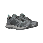 Side view of Women’s Terradora II Low Waterproof hiking shoe in steel grey and ocean wave – featuring a waterproof nubuck leather and mesh upper, cushioned midsole with shock-absorbing properties to reduce joint impact, and reinforced toe and heel overlays for durability.