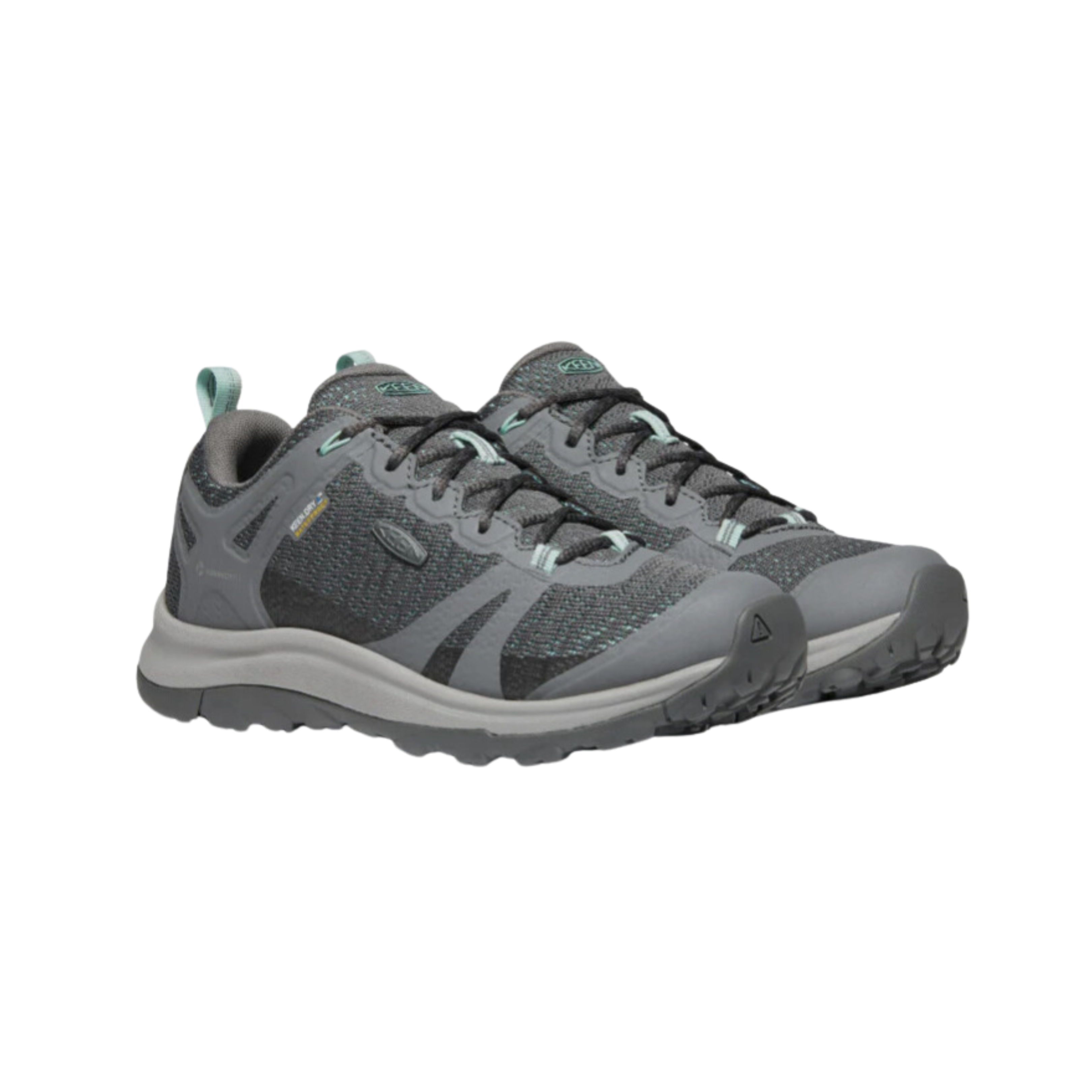 Side view of Women’s Terradora II Low Waterproof hiking shoe in steel grey and ocean wave – featuring a waterproof nubuck leather and mesh upper, cushioned midsole with shock-absorbing properties to reduce joint impact, and reinforced toe and heel overlays for durability.