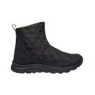 Side view of Women’s Terradora II Wintry Waterproof Boot in black – featuring a waterproof nubuck leather upper with insulated lining for warmth in cold conditions, cushioned midsole with shock absorption to reduce joint stress, and reinforced toe and heel overlays for durability.