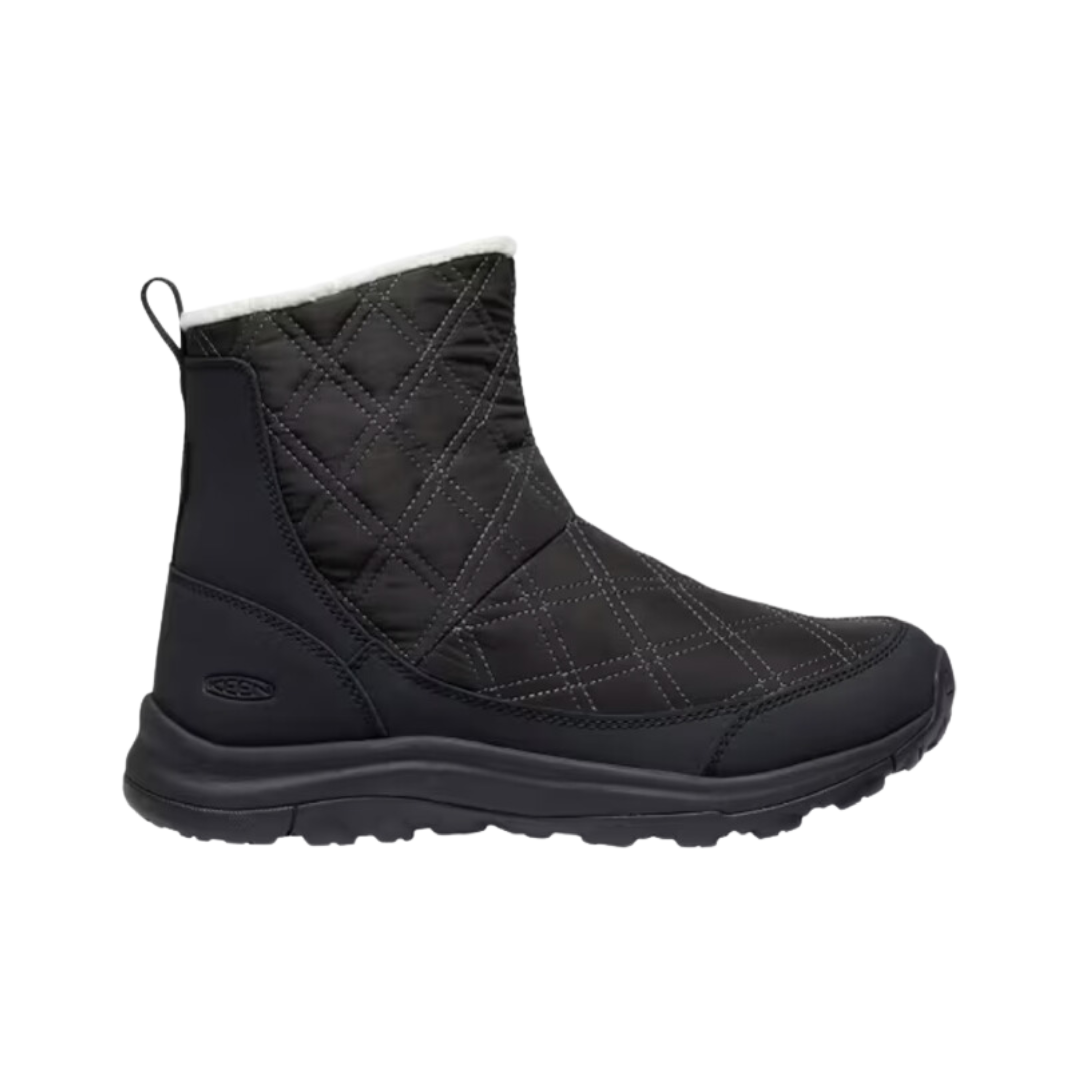 Side view of Women’s Terradora II Wintry Waterproof Boot in black – featuring a waterproof nubuck leather upper with insulated lining for warmth in cold conditions, cushioned midsole with shock absorption to reduce joint stress, and reinforced toe and heel overlays for durability.