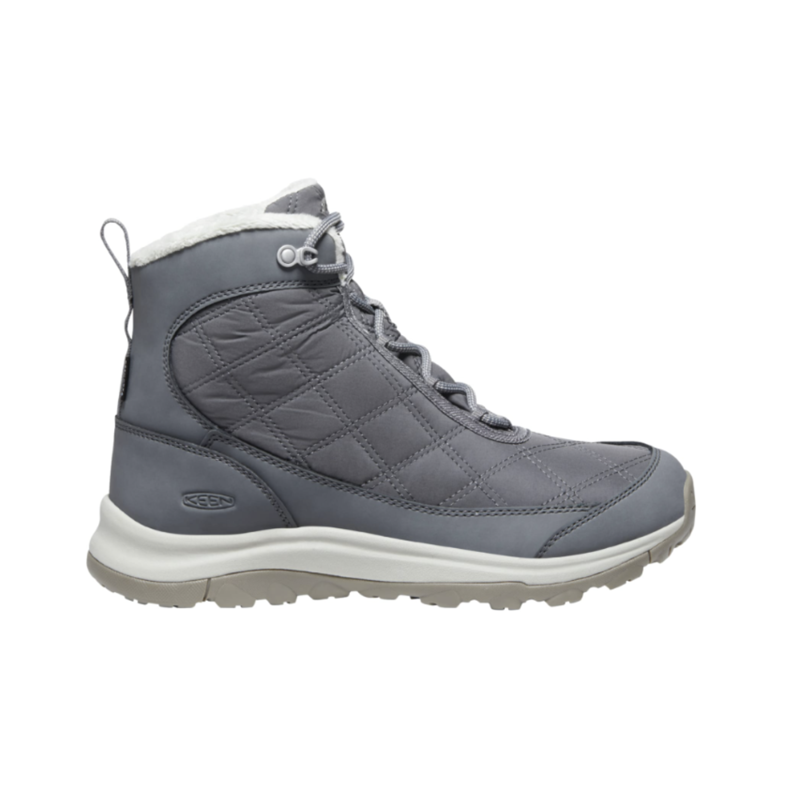 Side view of Women’s Terradora II Wintry Waterproof Boot in magnet and steel – featuring a waterproof nubuck leather upper with insulated lining for warmth, cushioned midsole with shock absorption to reduce joint stress, and reinforced toe and heel overlays for durability.