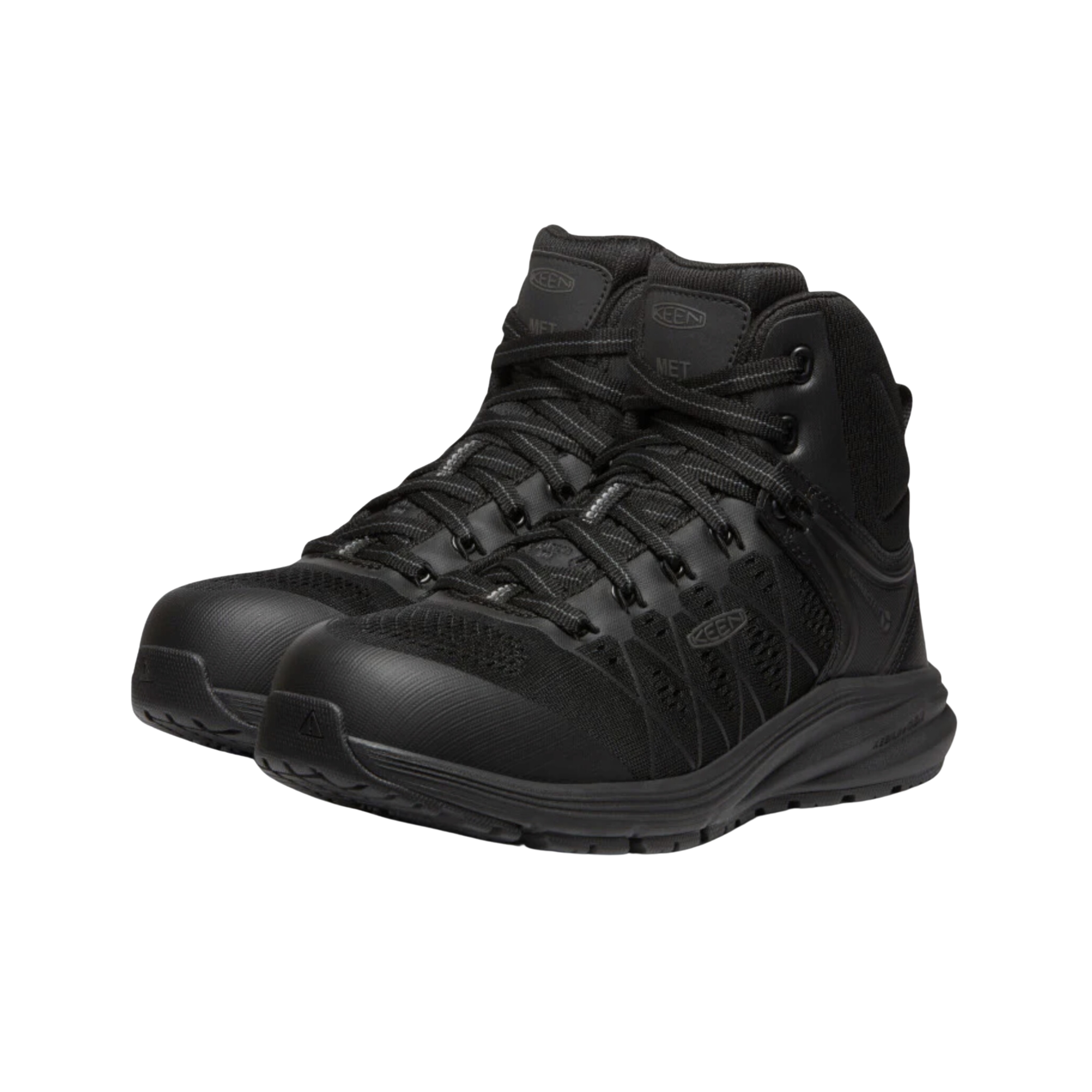 Side view of Women’s Vista Energy Mid INT MET (Carbon Toe) boot in black and raven – featuring a carbon fiber safety toe for lightweight protection, internal metatarsal guard for impact resistance, and mesh and synthetic upper for breathable durability.