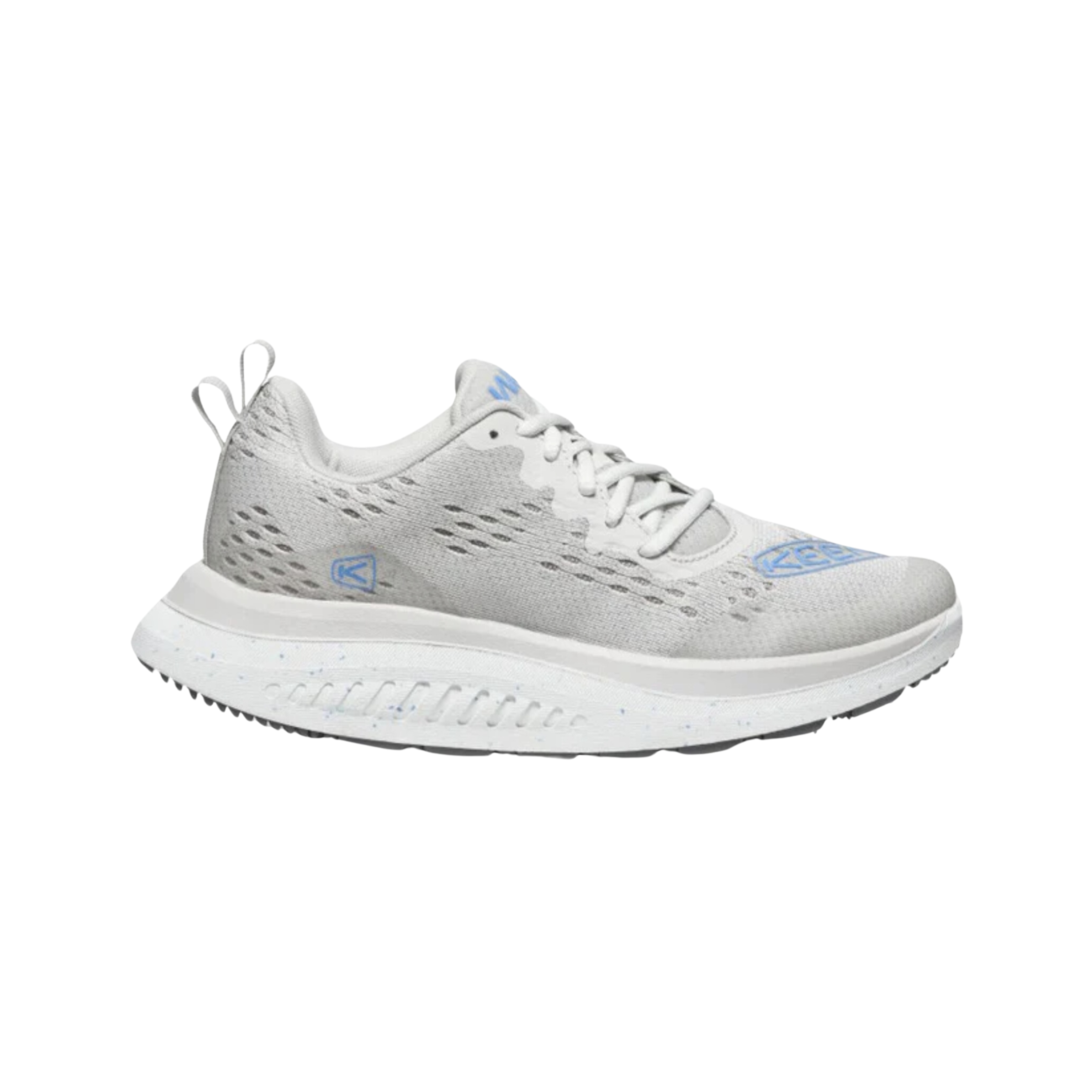 Side view of Keen Women's WK400 in Vapor/Azure Blue – featuring a lightweight mesh and synthetic upper with structured overlays, KEEN.CURVE™ technology for forward momentum, and cushioned midsole designed for walking comfort and energy return.