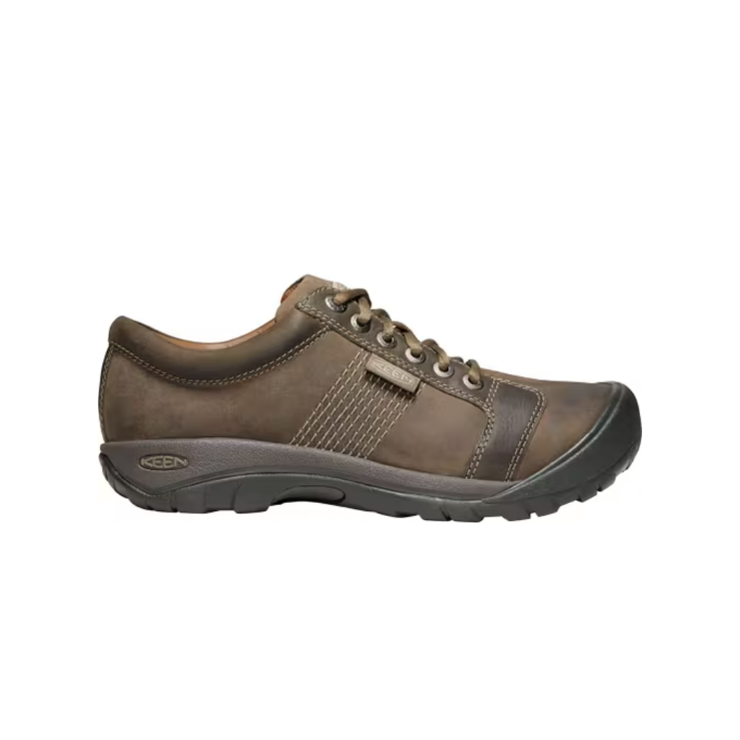 Side view of Men’s Austin in Brindle/Bungee Cord – showcasing premium leather construction with moc-toe stitching, cushioned midsole, and low-profile silhouette designed for casual work, weekend wear, or travel.
