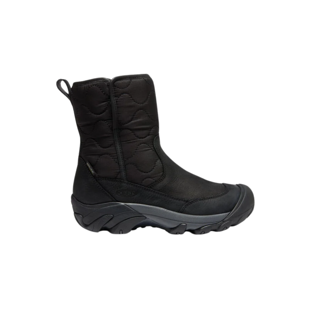 Side view of Women’s Betty Waterproof Pull-On Boot in black – featuring a waterproof leather and textile upper, KEEN.WARM insulation rated to -25°F for cold-weather warmth, and pull-on design with elastic side panels for easy on/off.