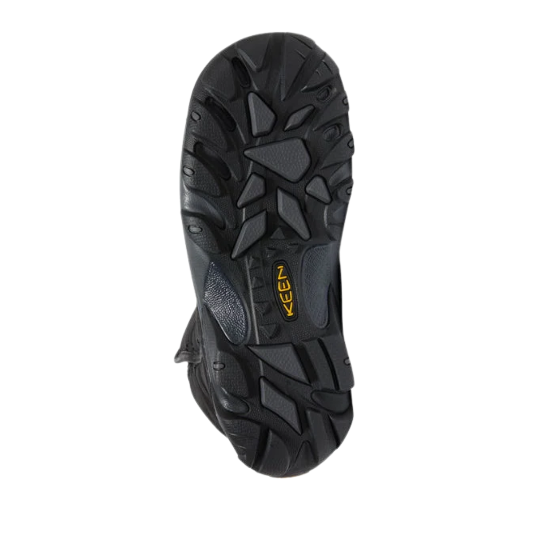 Bottom view of Women’s Betty Waterproof Pull-On Boot in black – featuring a KEEN.FREEZE rubber outsole with micro-glass fiber lugs for traction on icy surfaces, multidirectional tread for grip, and flexible sole for natural movement.