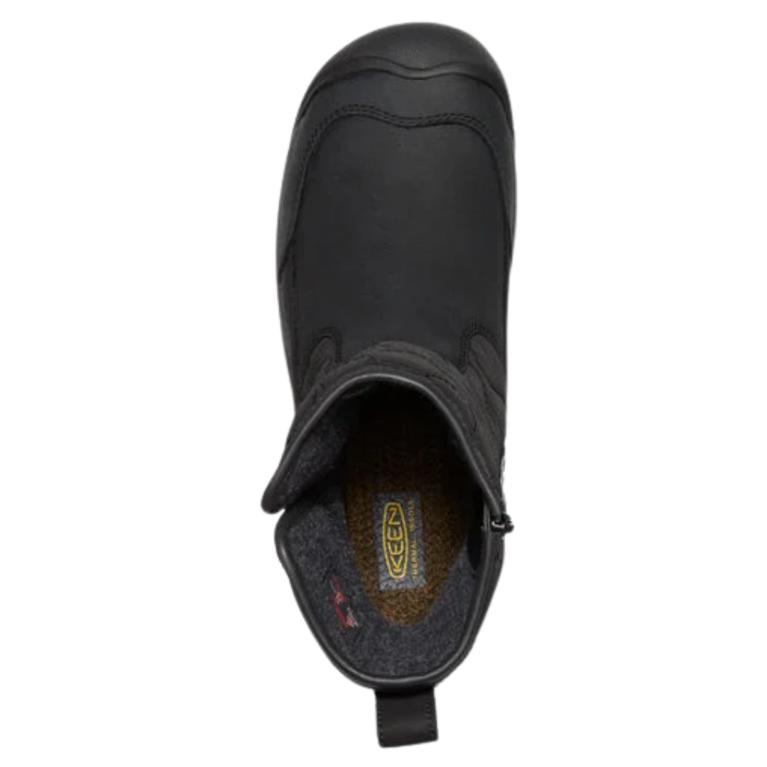 Top view of Women’s Betty Waterproof Pull-On Boot in black – featuring a soft fleece lining for cozy warmth, wide opening for easy entry, and cushioned footbed with thermal barrier for underfoot insulation.