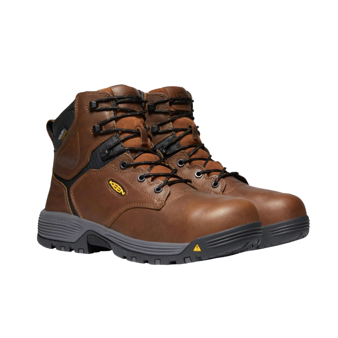 Side view of Women’s Chicago 6-inch Waterproof (Carbon Toe) boot in tobacco and black – featuring a carbon fiber safety toe for lightweight protection, KEEN.DRY waterproof membrane to keep feet dry, and full-grain leather upper for lasting durability.