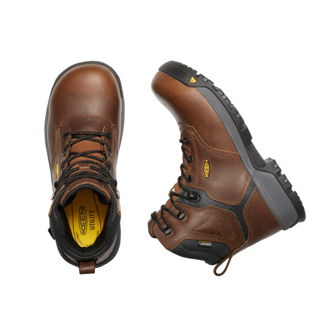 Top and Side View of Women’s Keen Chicago 6 Inch Waterproof Boot in tobacco/black – featuring a waterproof leather upper, secure lace-up closure, padded collar and tongue for comfort, and a durable slip-resistant outsole for reliable traction.