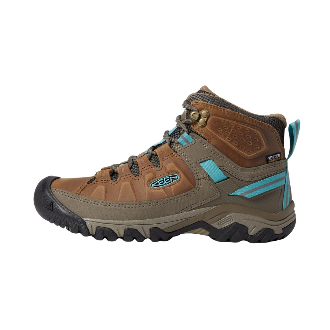 Side view of Women’s Circadia Mid Waterproof Boot in coconut and north atlantic – featuring a waterproof nubuck leather and mesh upper for weather protection, cushioned midsole with advanced shock absorption to reduce joint strain, and reinforced toe and heel overlays for durability.