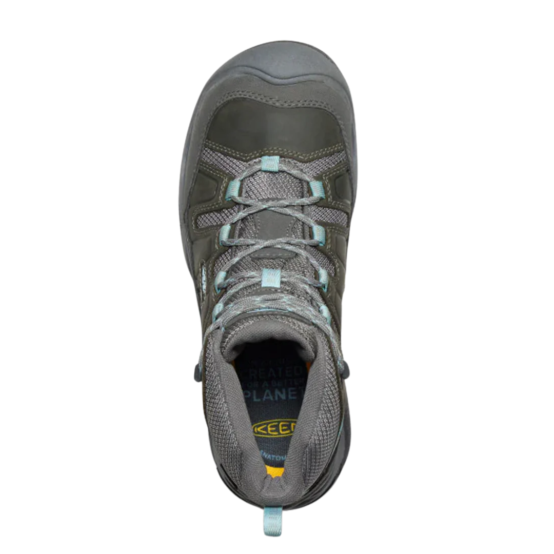 Top view of Women’s Circadia Mid Waterproof Boot in steel grey and cloud blue – featuring padded collar and tongue for ankle support, moisture-wicking lining to keep feet dry and healthy, and secure lace-up closure with reinforced eyelets for locked-in fit.