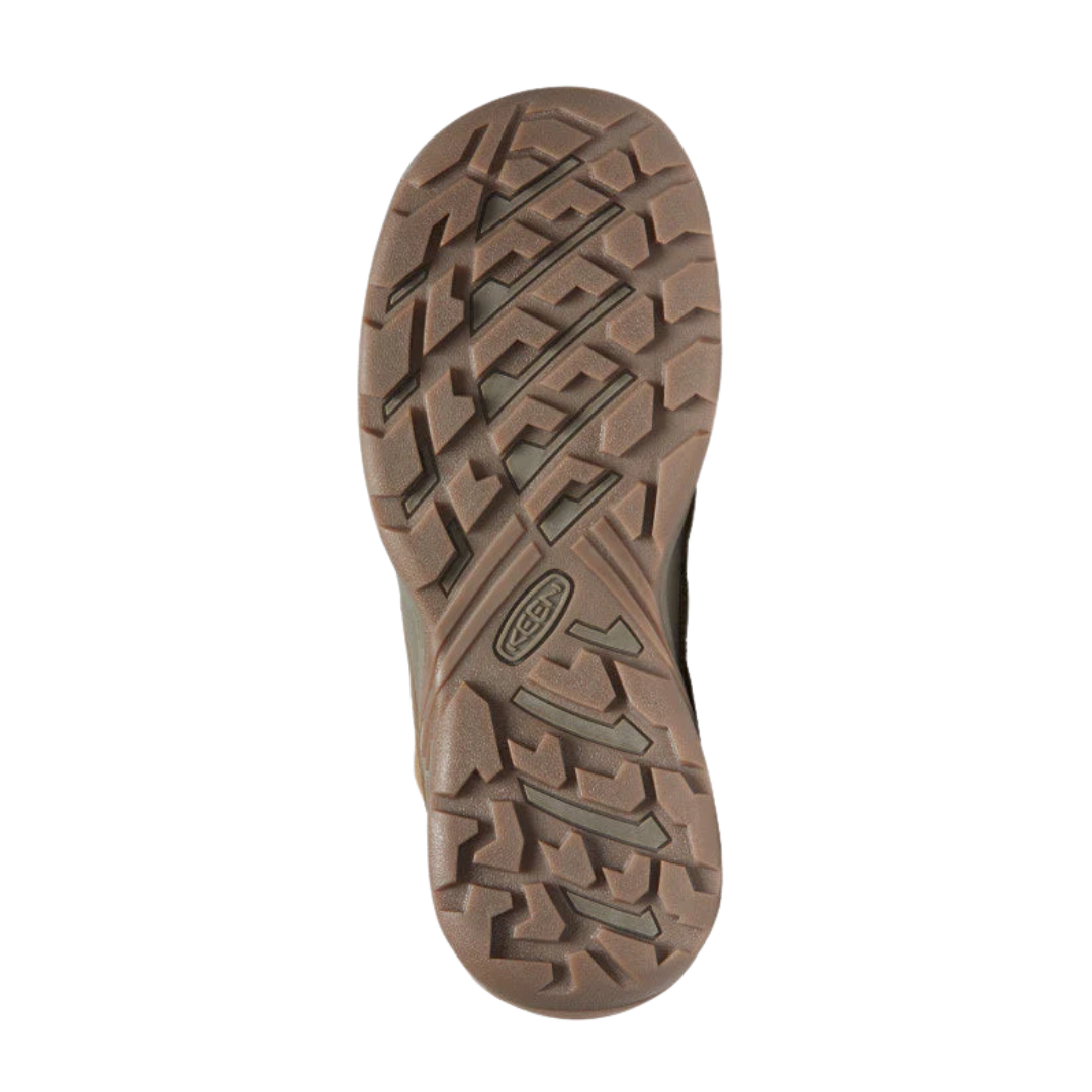 Bottom view of Women’s Circadia Vent hiking shoe in coconut and north atlantic – featuring a high-traction rubber outsole with multi-directional lugs for secure footing, flex grooves for natural foot movement, and slip-resistant tread to reduce fall risk.