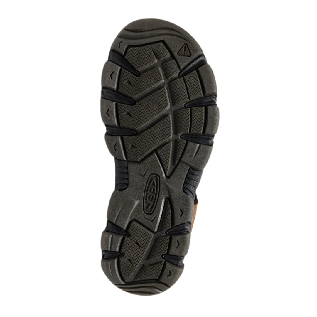 Bottom view of Men’s Daytona II Sandal in Bison/Black – featuring a durable rubber outsole with multi-directional tread pattern for traction on wet, dry, or uneven terrain.