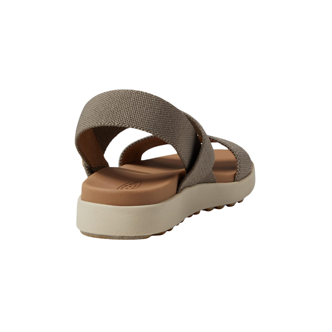 Back view of Women’s Elle Backstrap sandal in brindle and birch – featuring a supportive heel strap with hook-and-loop closure, low-profile heel for stable walking, and clean rear panel for versatile styling.
